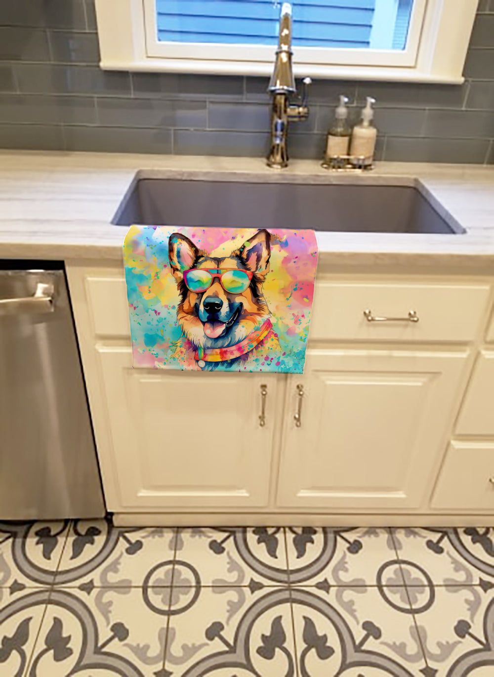 German Shepherd Hippie Dawg Kitchen Towel Velour Plush Front and Cotton Loop Back Machine Washable