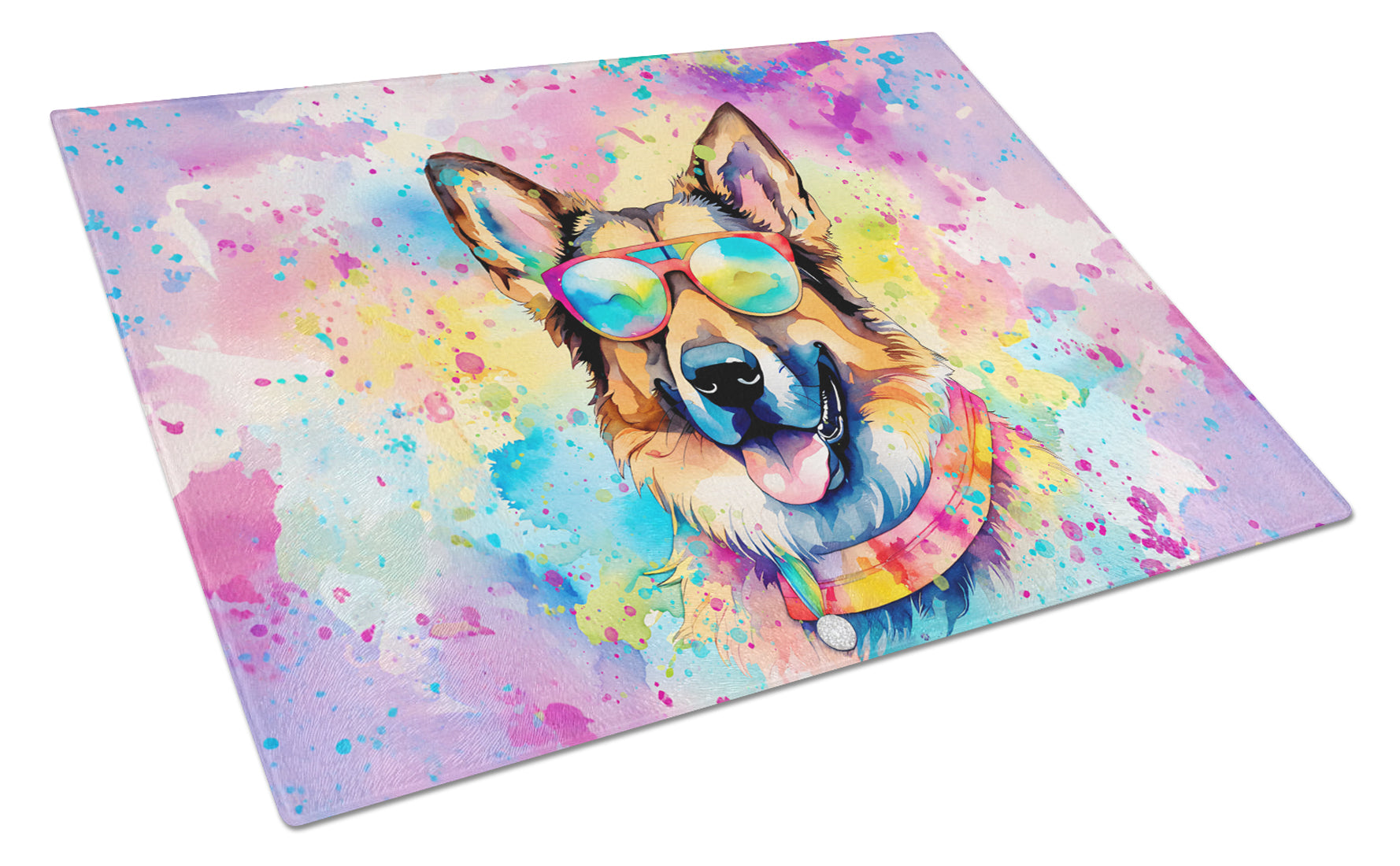 German Shepherd Hippie Dawg Cutting Board Tempered Glass Kitchen Cutting Surface, Heat Resistant Chopping, Non-Slip Feet, Food Prep & Serving