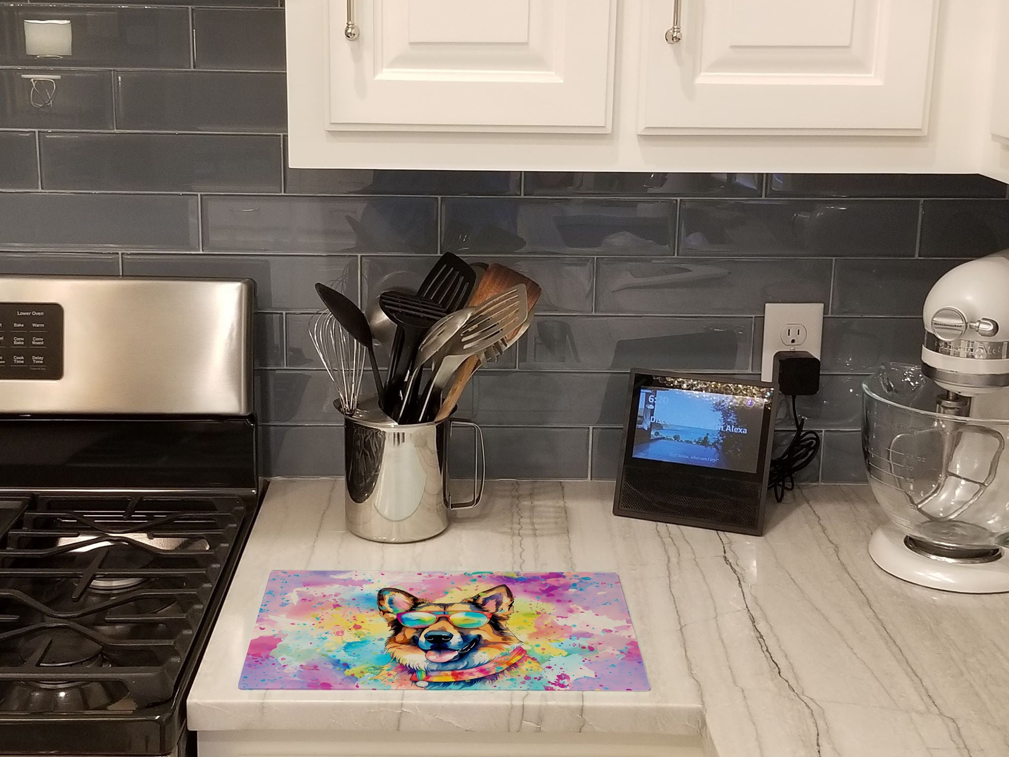 German Shepherd Hippie Dawg Cutting Board Tempered Glass Kitchen Cutting Surface, Heat Resistant Chopping, Non-Slip Feet, Food Prep & Serving