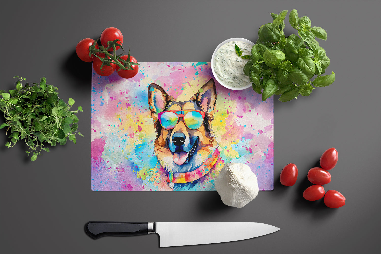 German Shepherd Hippie Dawg Cutting Board Tempered Glass Kitchen Cutting Surface, Heat Resistant Chopping, Non-Slip Feet, Food Prep & Serving