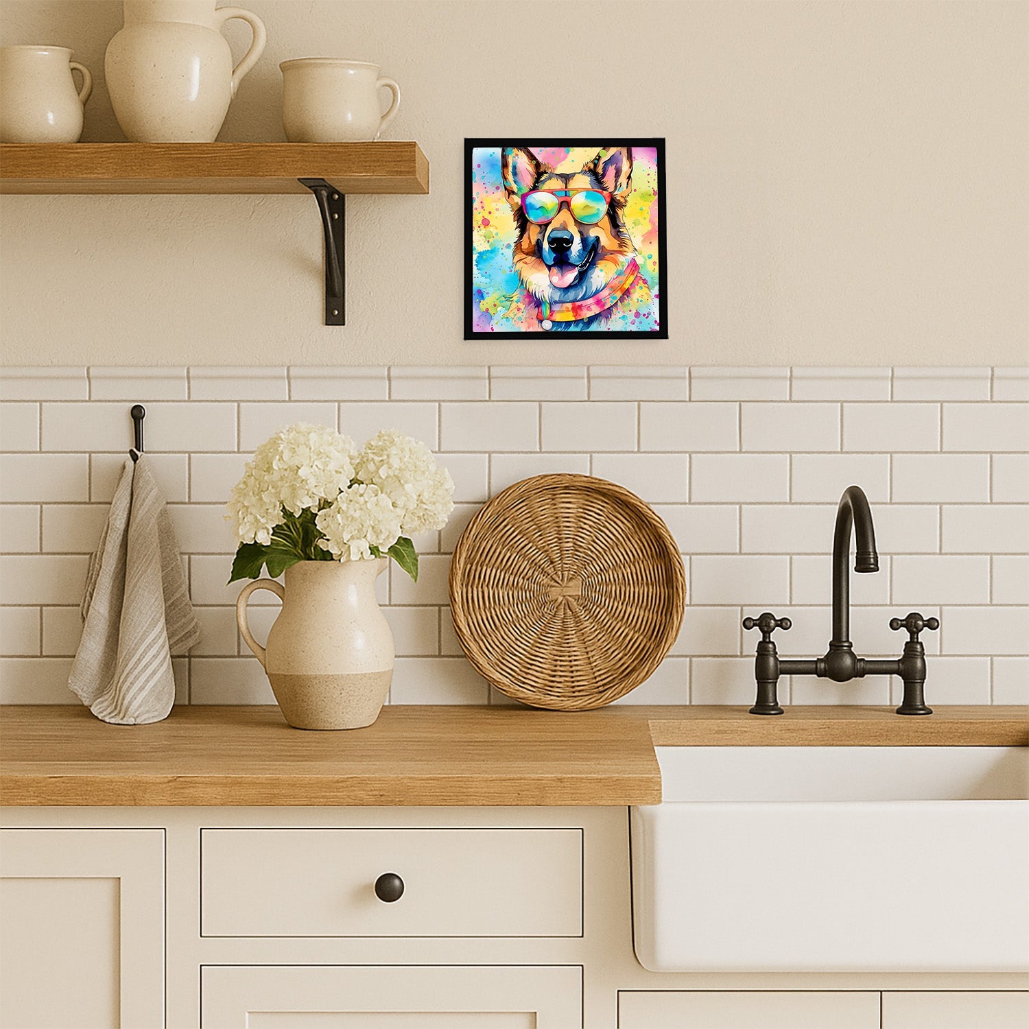 German Shepherd Hippie Dawg Framed Metal Print Bathroom, Kitchen, Office, Home Decor Wall Art Ready to Hang, Square, 8X8