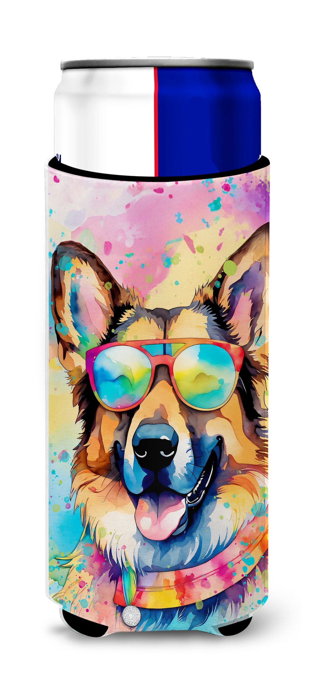 German Shepherd Hippie Dawg Slim Can Hugger , Insulated Foam Hugger for 12 oz Slim Cans, Beer Bottles & Water Bottles, Printed in USA