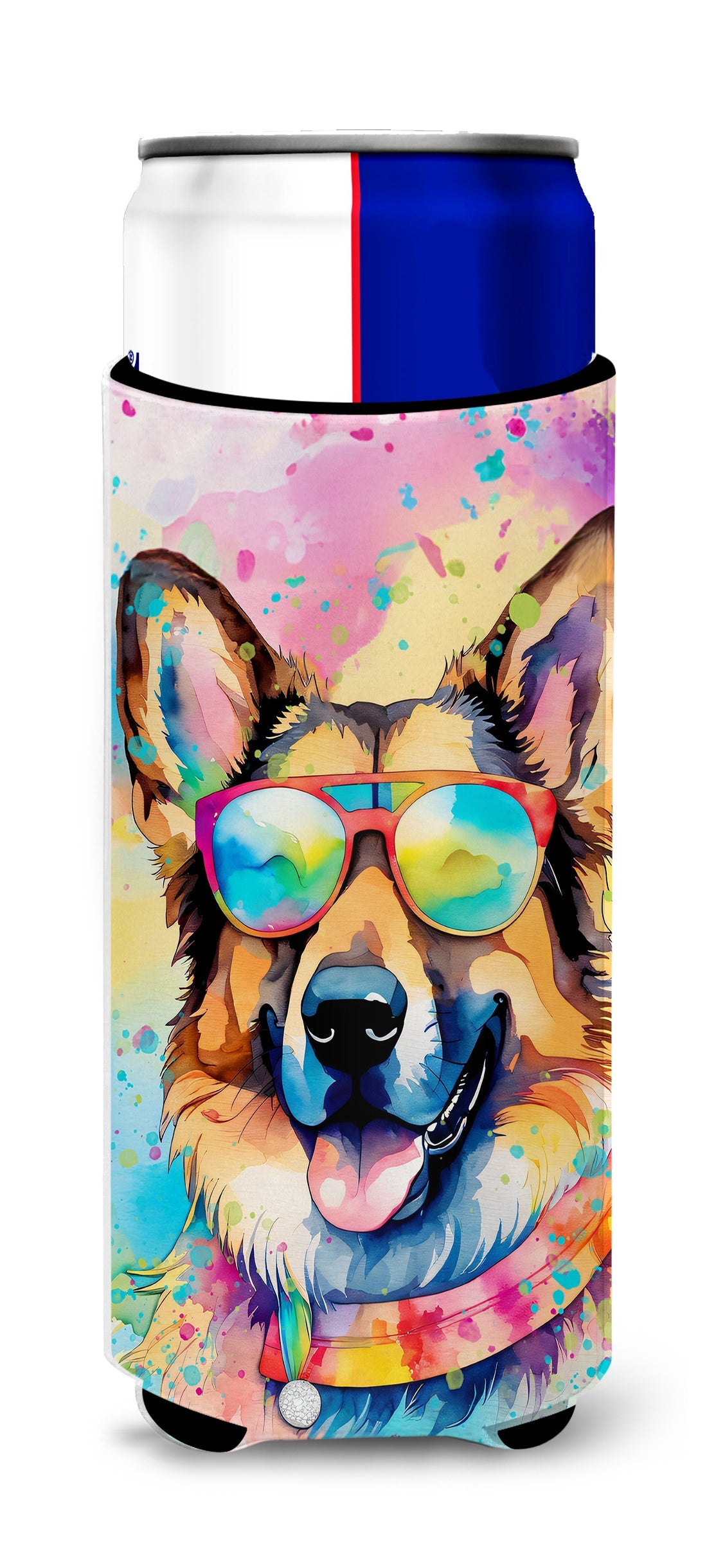 German Shepherd Hippie Dawg Slim Can Hugger , Insulated Foam Hugger for 12 oz Slim Cans, Beer Bottles & Water Bottles, Printed in USA