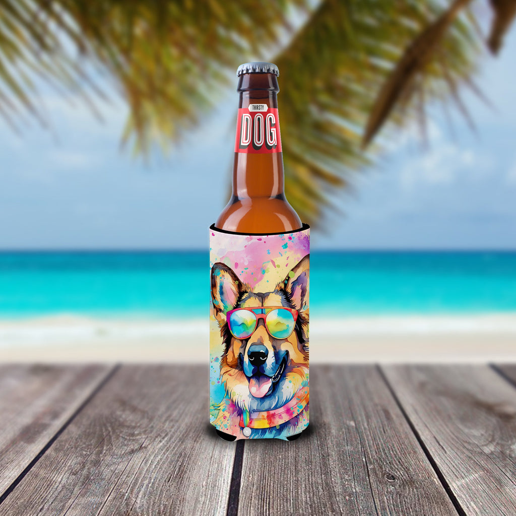 German Shepherd Hippie Dawg Slim Can Hugger , Insulated Foam Hugger for 12 oz Slim Cans, Beer Bottles & Water Bottles, Printed in USA
