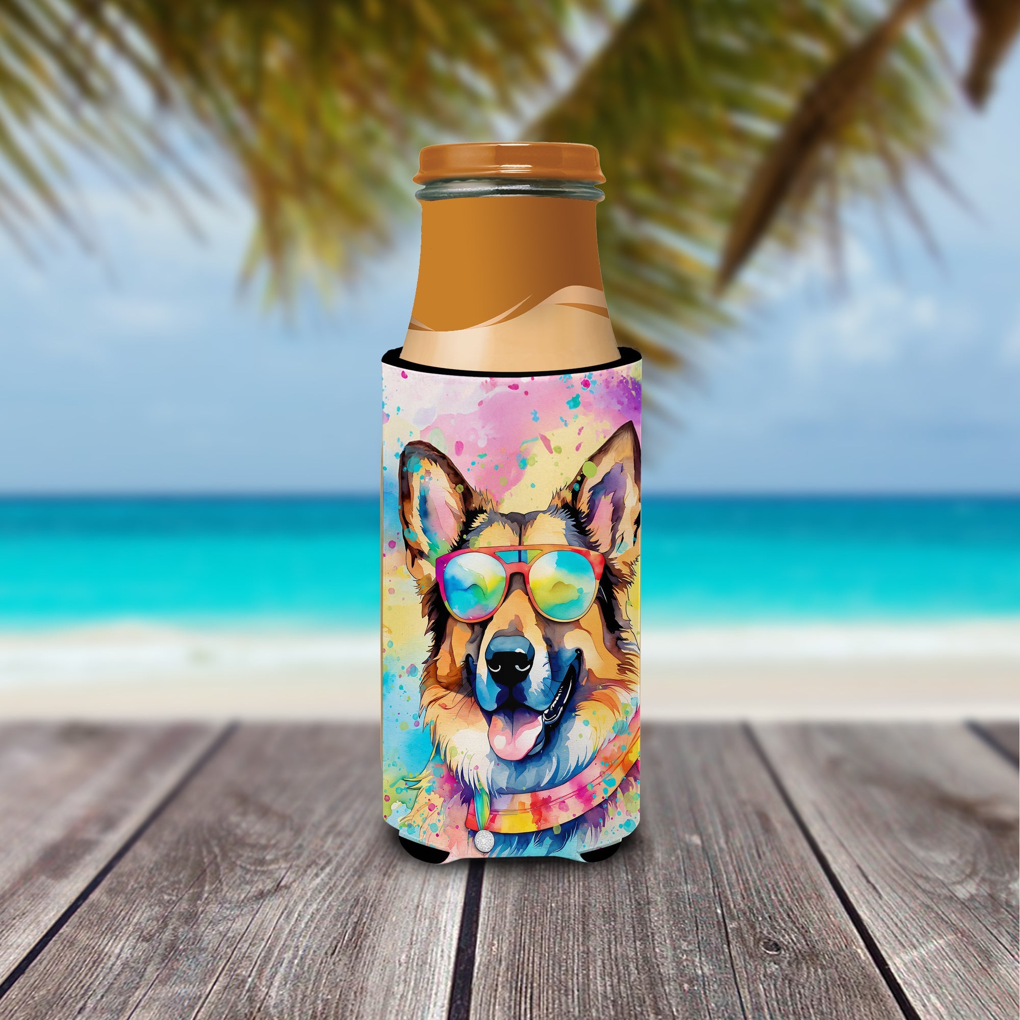 German Shepherd Hippie Dawg Slim Can Hugger , Insulated Foam Hugger for 12 oz Slim Cans, Beer Bottles & Water Bottles, Printed in USA