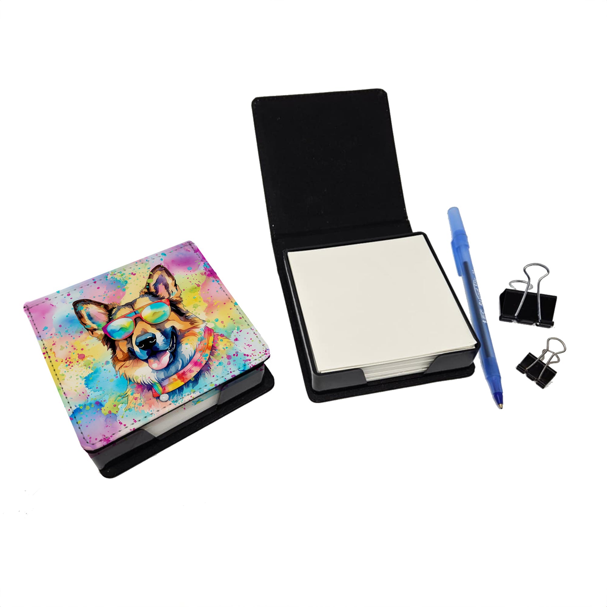 German Shepherd Hippie Dawg PU Leather Note Paper Holder with Artist-Designed Cover, Desk Accessory, Office Gift