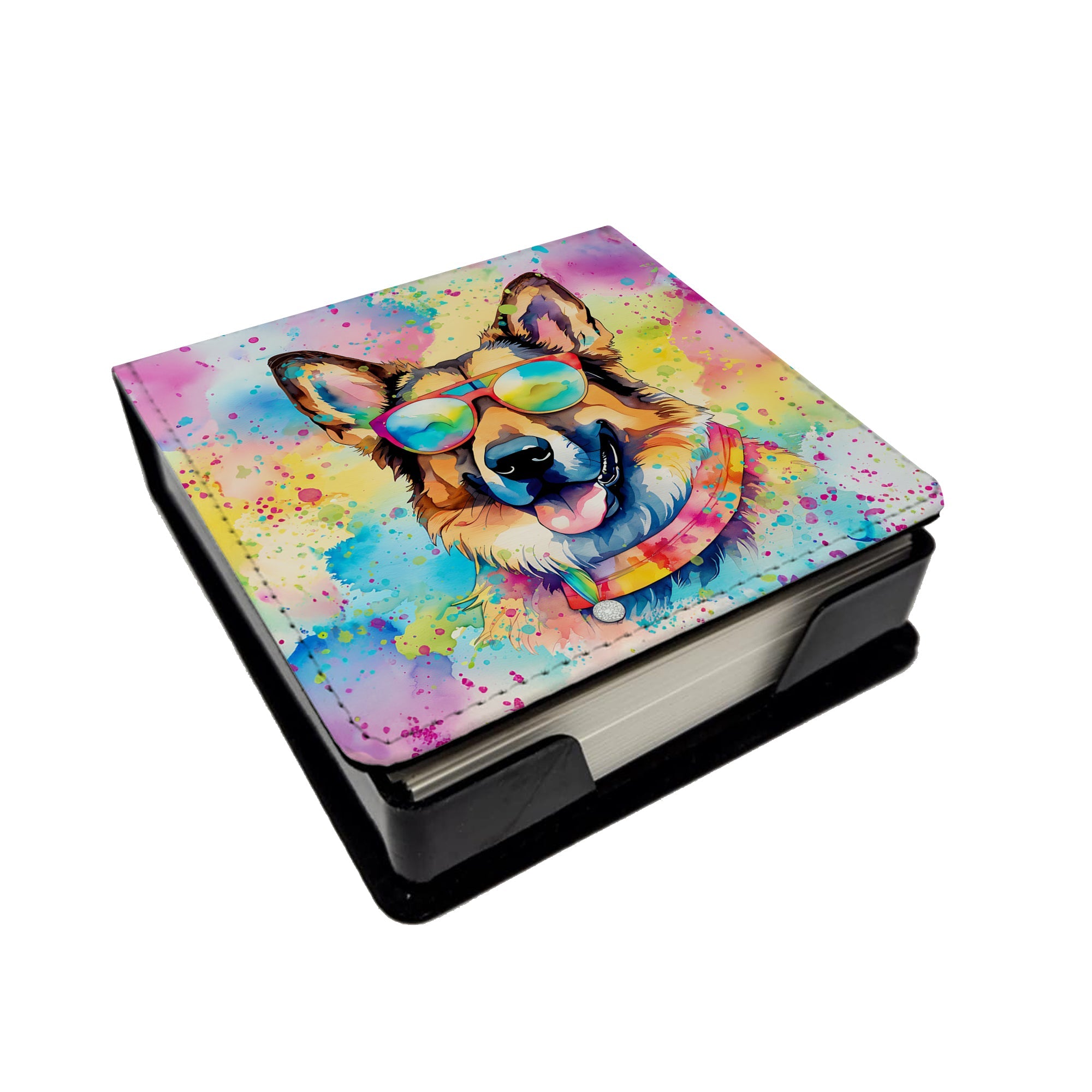 German Shepherd Hippie Dawg PU Leather Note Paper Holder with Artist-Designed Cover, Desk Accessory, Office Gift