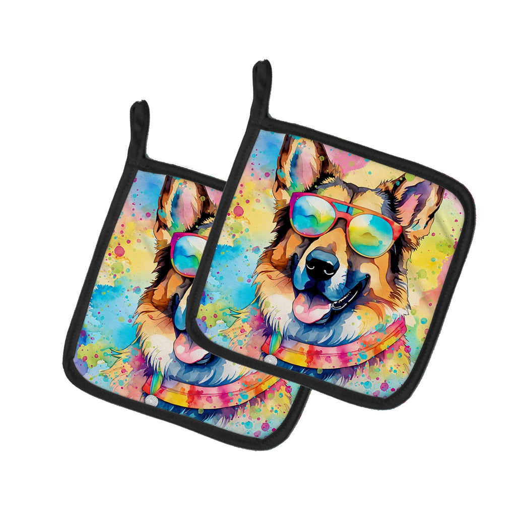German Shepherd Hippie Dawg Pot Holder Set of 2 Heat Resistant Quilted Hot Pads 7.5 x 7.5 Inch, Insulated Kitchen Trivets for Cooking & Baking