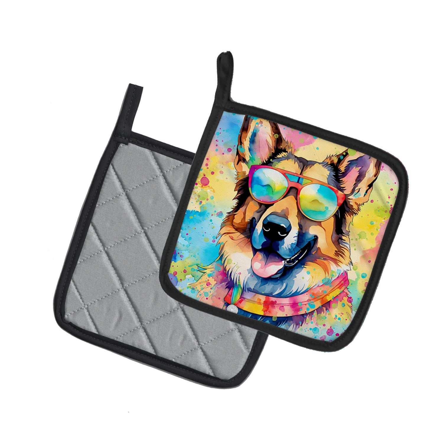German Shepherd Hippie Dawg Pot Holder Set of 2 Heat Resistant Quilted Hot Pads 7.5 x 7.5 Inch, Insulated Kitchen Trivets for Cooking & Baking