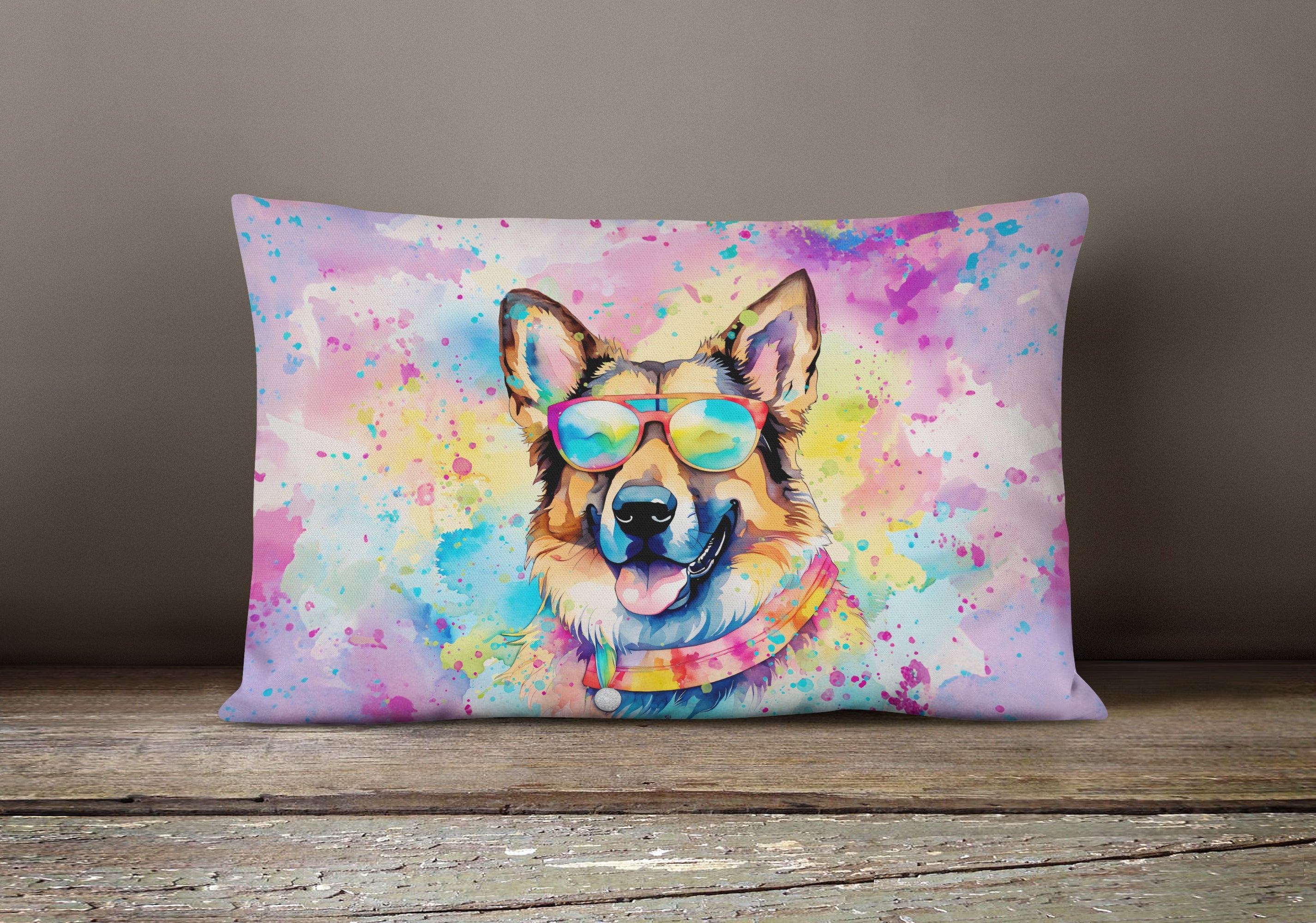 German Shepherd Hippie Dawg Decorative Throw Pillow 12x16 Indoor Outdoor Accent Cushion, Fabric Cover with Insert for Sofa, Bed, Porch & Living Room
