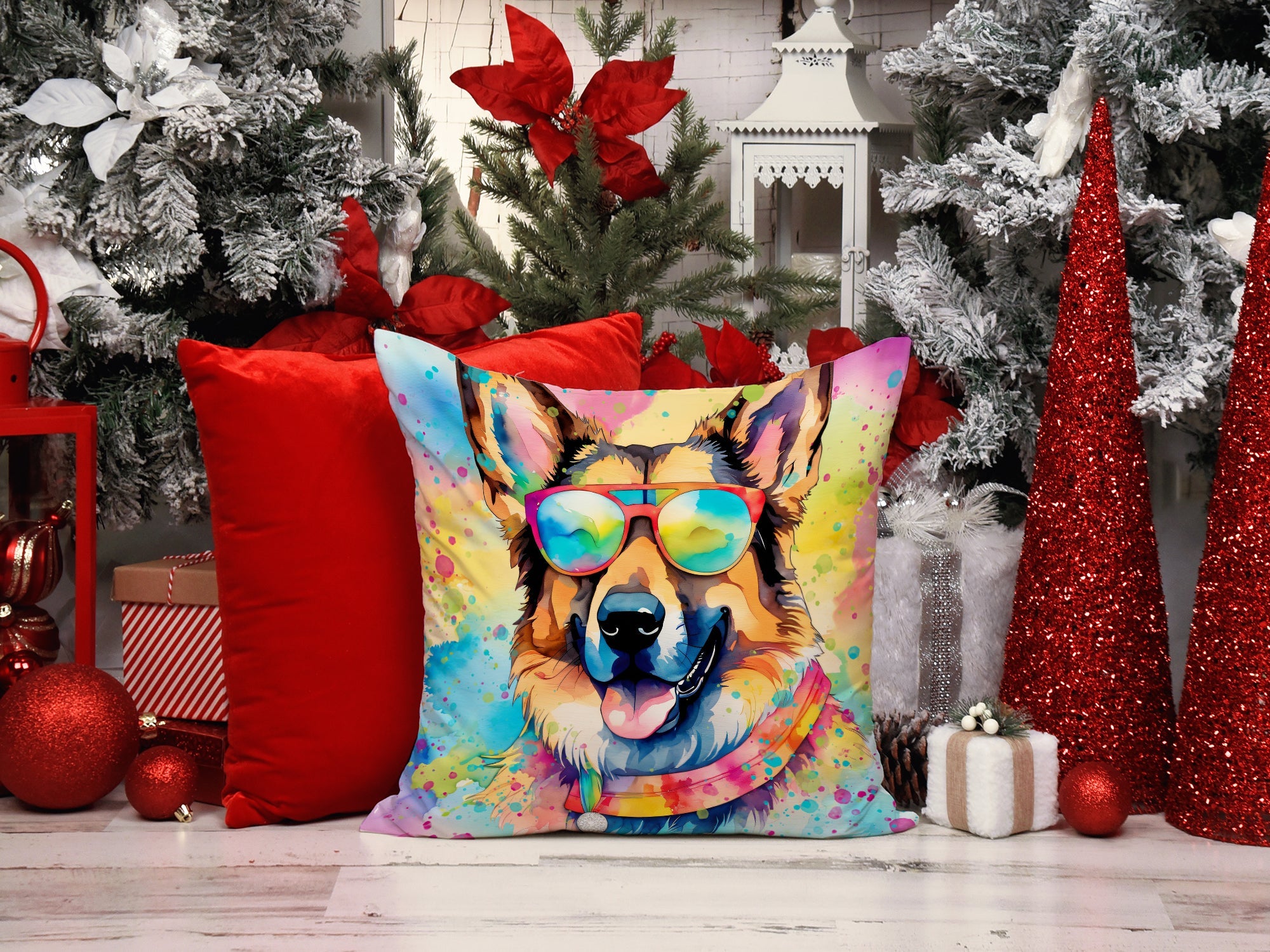 German Shepherd Hippie Dawg Decorative Throw Pillow 18x18 Indoor Outdoor Accent Cushion, Fabric Cover with Insert for Sofa, Bed, Porch & Living Room