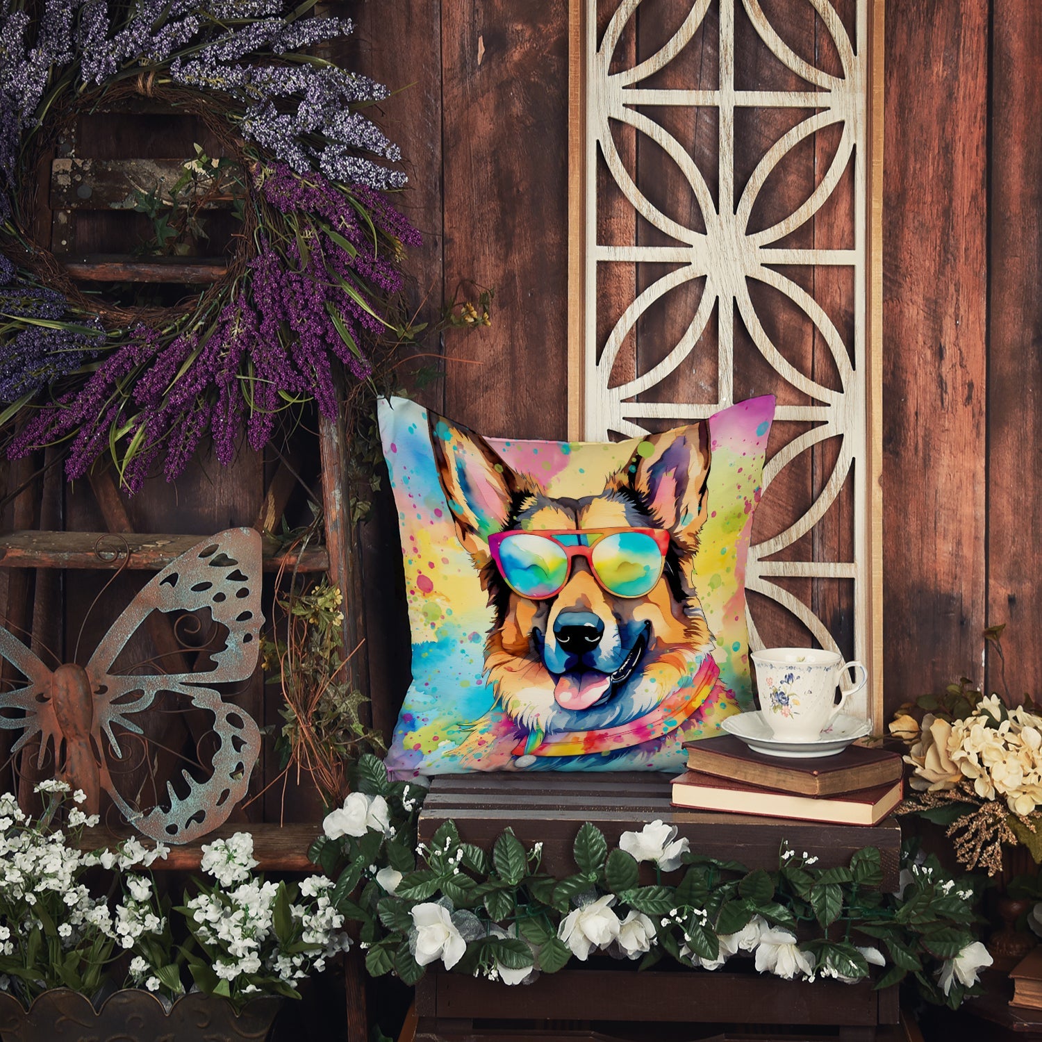 German Shepherd Hippie Dawg Decorative Throw Pillow 18x18 Indoor Outdoor Accent Cushion, Fabric Cover with Insert for Sofa, Bed, Porch & Living Room