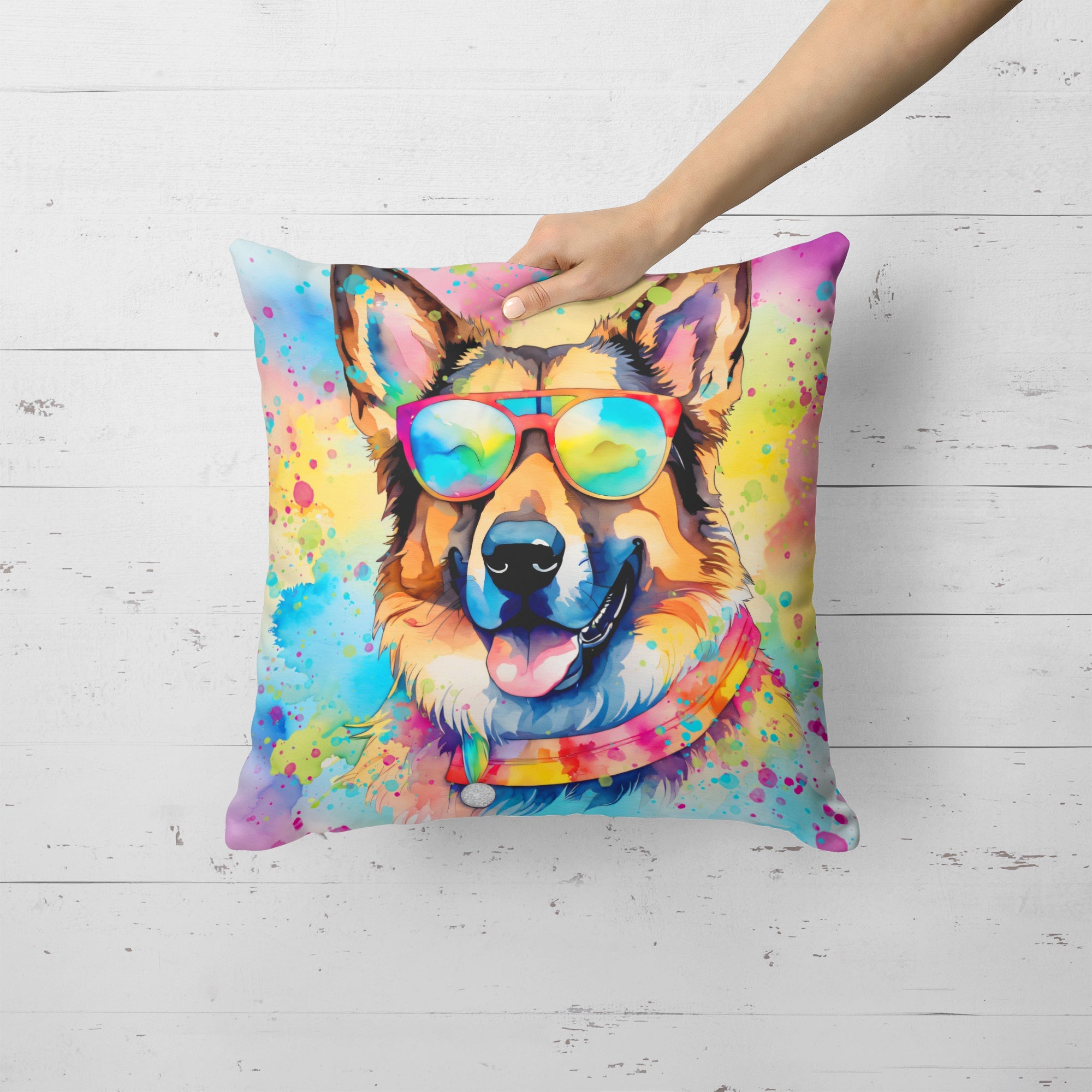 German Shepherd Hippie Dawg Decorative Throw Pillow 18x18 Indoor Outdoor Accent Cushion, Fabric Cover with Insert for Sofa, Bed, Porch & Living Room