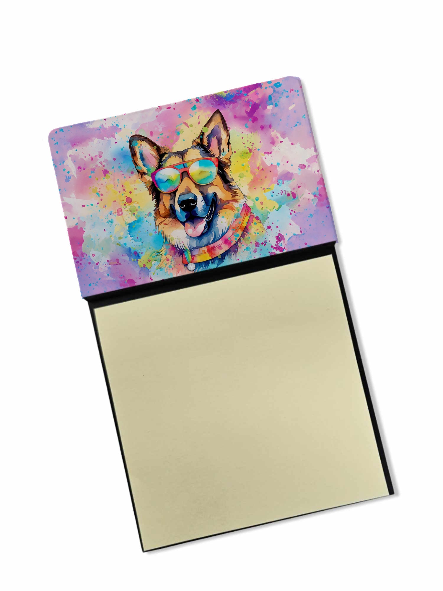 German Shepherd Hippie Dawg Watercolor Sticky Note Holder Refillable Dispenser Desk Accessory 3x3 Pad Gift
