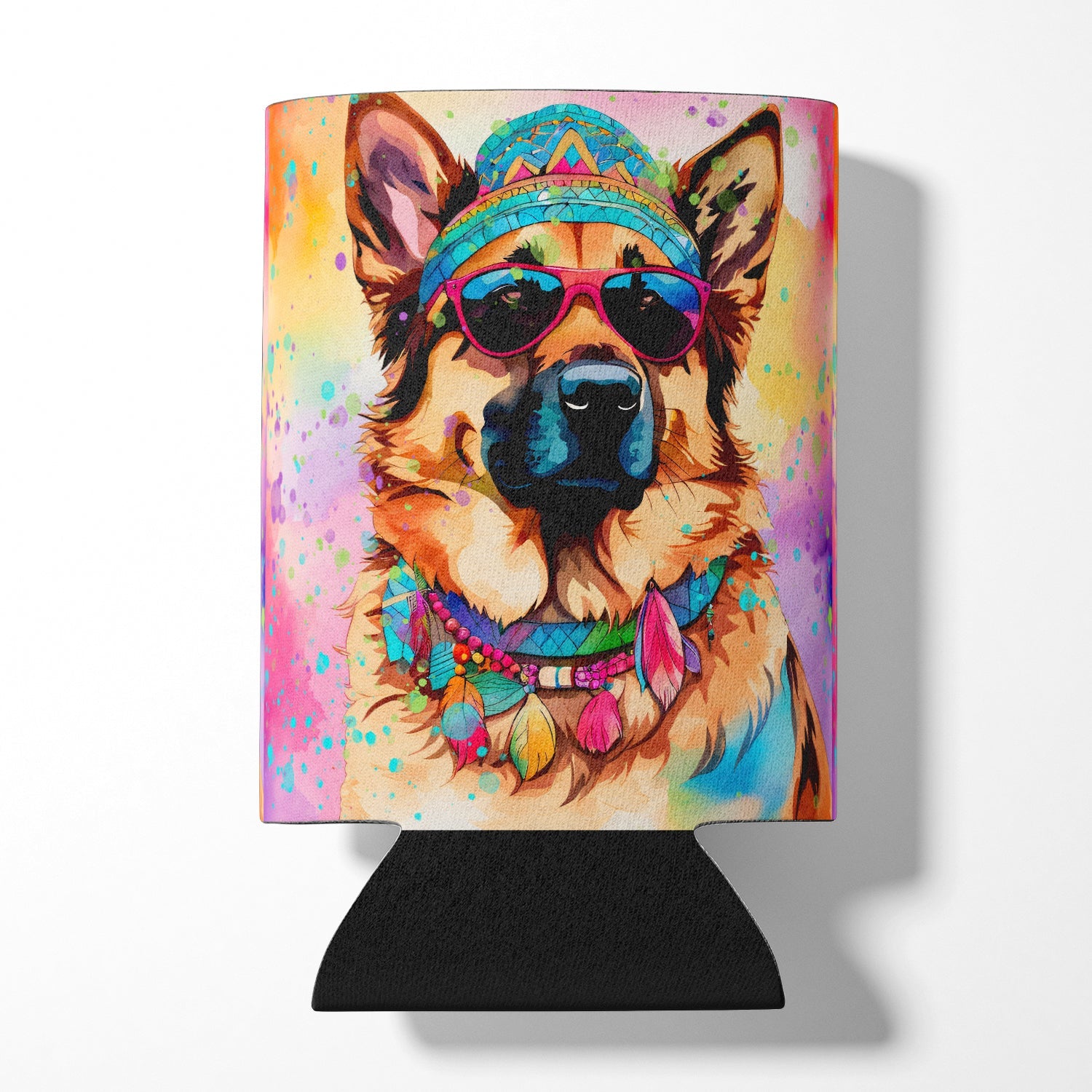 German Shepherd Hippie Dawg Can or Bottle Hugger Cooler Sleeve for Standard 12 oz Cans, Insulated Foam Beer & Soda Can Hugger Reusable