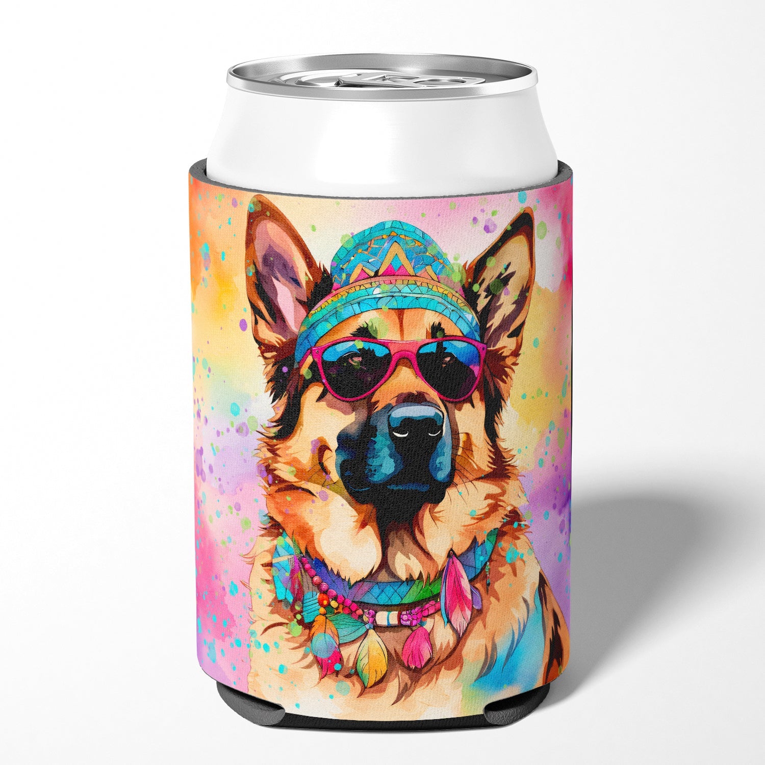 German Shepherd Hippie Dawg Can or Bottle Hugger Cooler Sleeve for Standard 12 oz Cans, Insulated Foam Beer & Soda Can Hugger Reusable