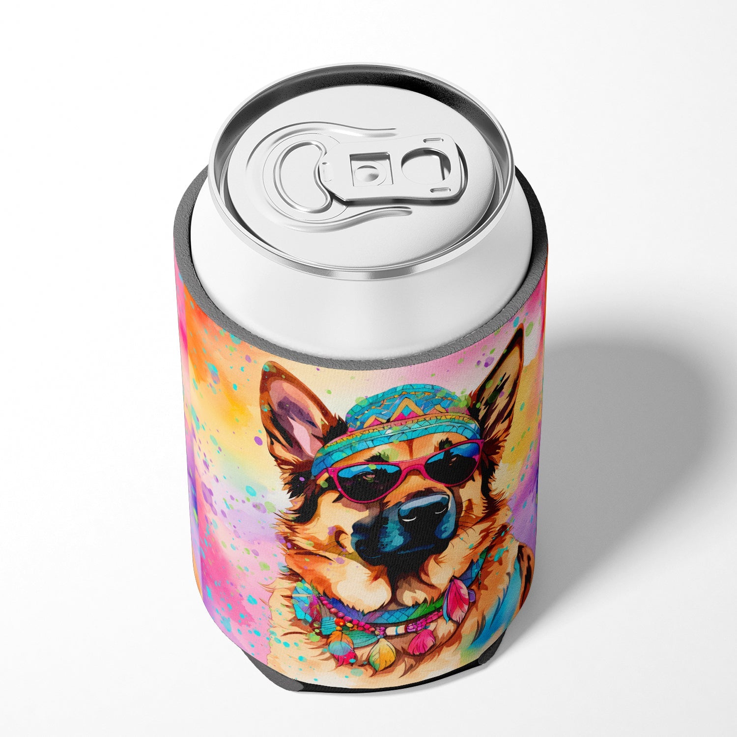 German Shepherd Hippie Dawg Can or Bottle Hugger Cooler Sleeve for Standard 12 oz Cans, Insulated Foam Beer & Soda Can Hugger Reusable