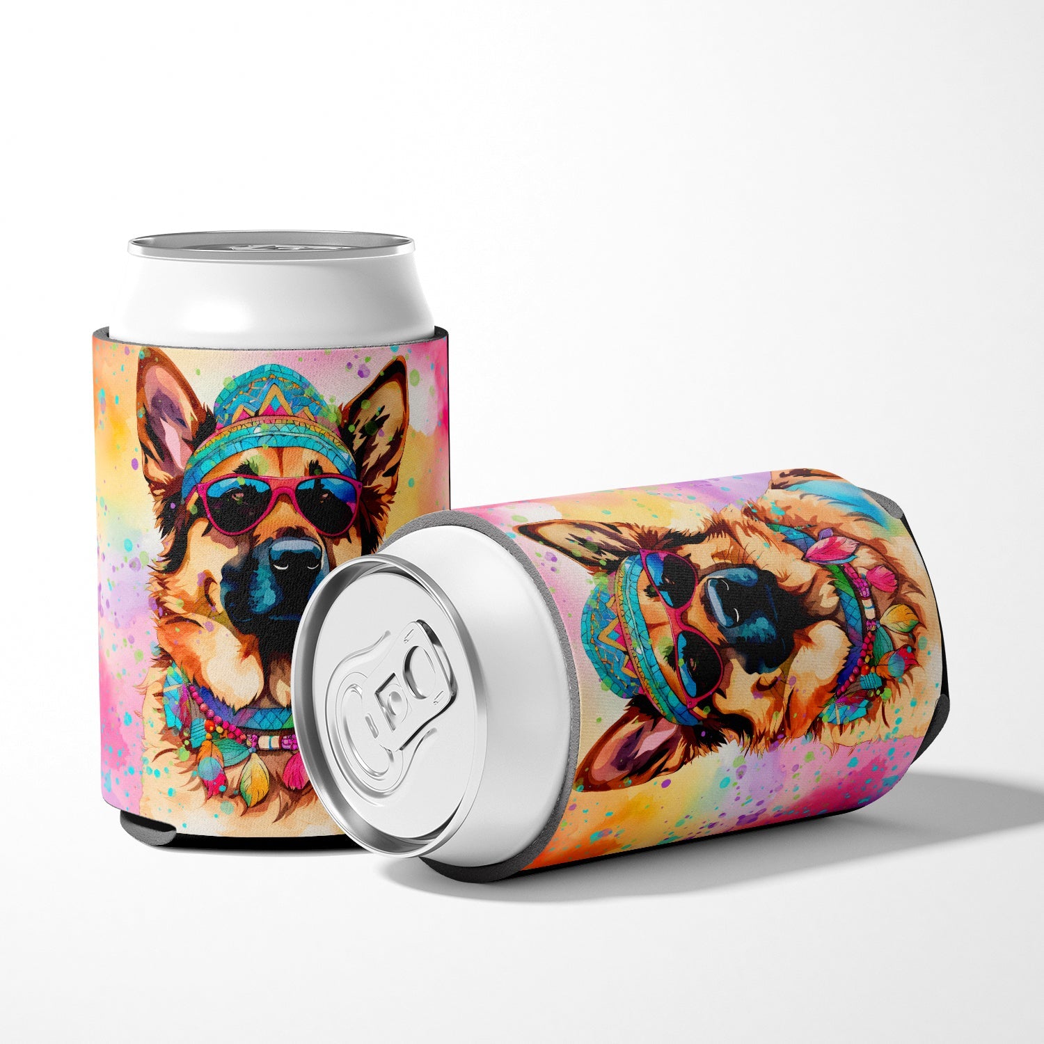 German Shepherd Hippie Dawg Can or Bottle Hugger Cooler Sleeve for Standard 12 oz Cans, Insulated Foam Beer & Soda Can Hugger Reusable