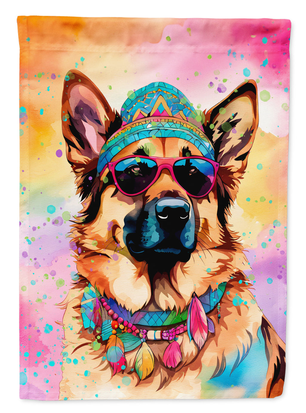 German Shepherd Hippie Dawg House Flag 28x40 Porch Sleeve Pole Decorative Outside Yard Banner Artwork Wall Hanging, Polyester