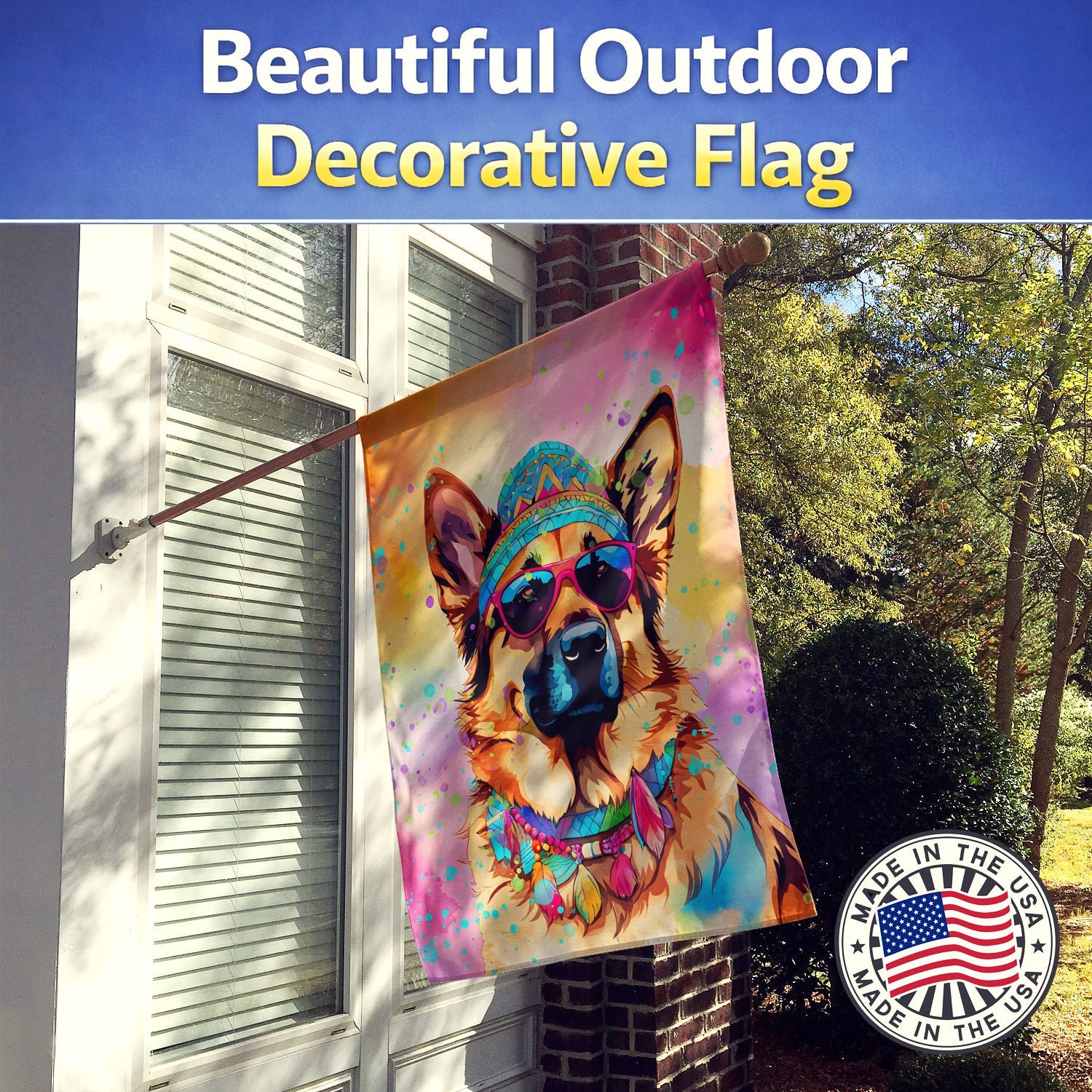 German Shepherd Hippie Dawg House Flag 28x40 Porch Sleeve Pole Decorative Outside Yard Banner Artwork Wall Hanging, Polyester