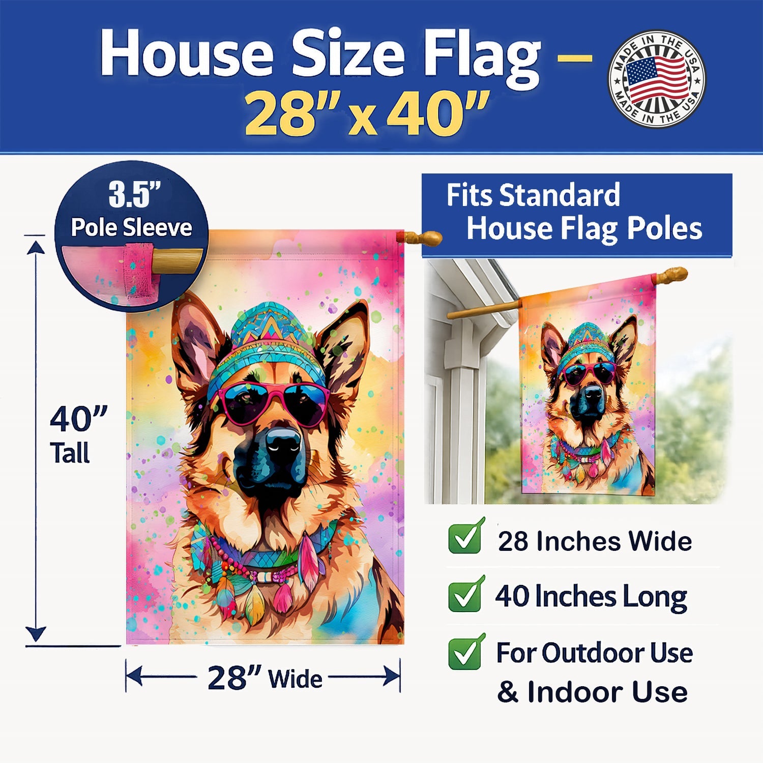 German Shepherd Hippie Dawg House Flag 28x40 Porch Sleeve Pole Decorative Outside Yard Banner Artwork Wall Hanging, Polyester