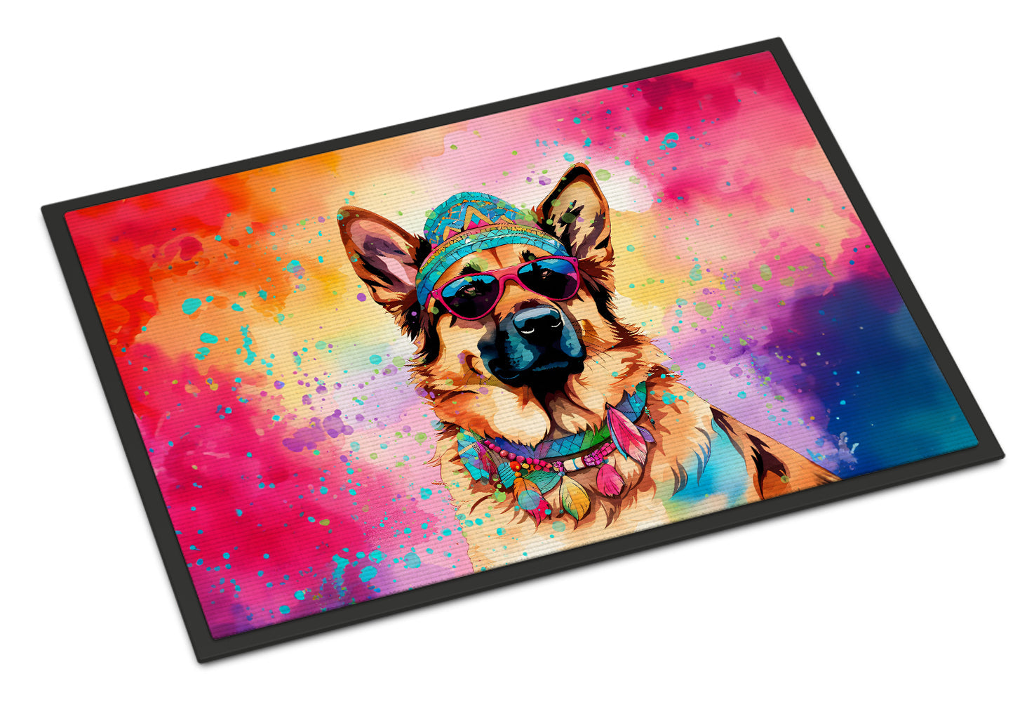 German Shepherd Hippie Dawg Doormat Indoor Outdoor 24H X 36W Front Door Mat Rugs for Entryway, Non Slip Washable Low Pile,