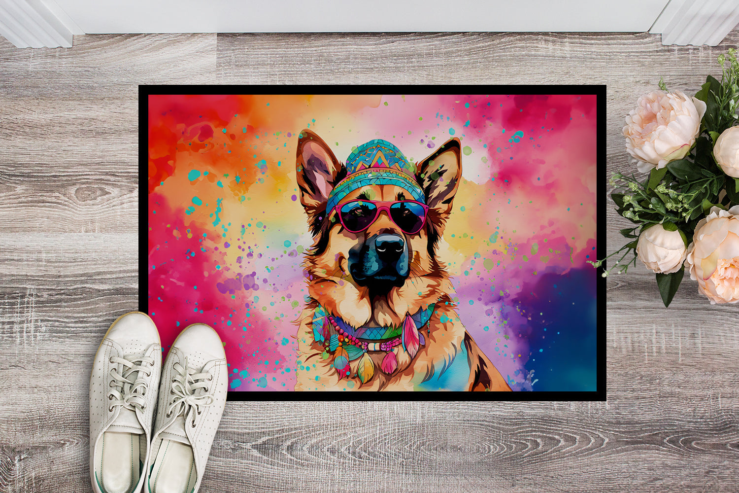 German Shepherd Hippie Dawg Doormat Indoor Outdoor 24H X 36W Front Door Mat Rugs for Entryway, Non Slip Washable Low Pile,
