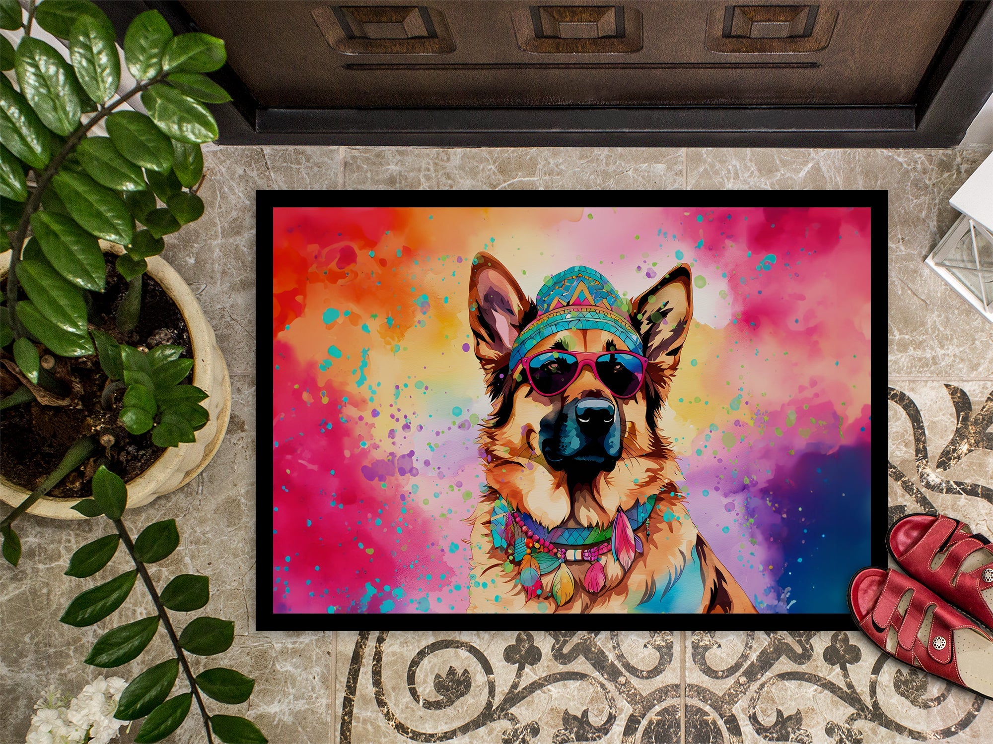 German Shepherd Hippie Dawg Doormat Indoor Outdoor 24H X 36W Front Door Mat Rugs for Entryway, Non Slip Washable Low Pile,