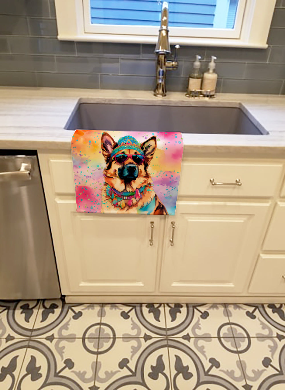 German Shepherd Hippie Dawg Kitchen Towel Velour Plush Front and Cotton Loop Back Machine Washable