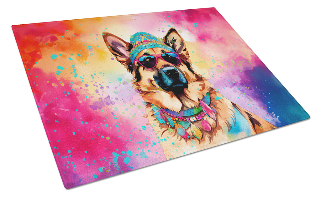 German Shepherd Hippie Dawg Cutting Board Tempered Glass Kitchen Cutting Surface, Heat Resistant Chopping, Non-Slip Feet, Food Prep & Serving
