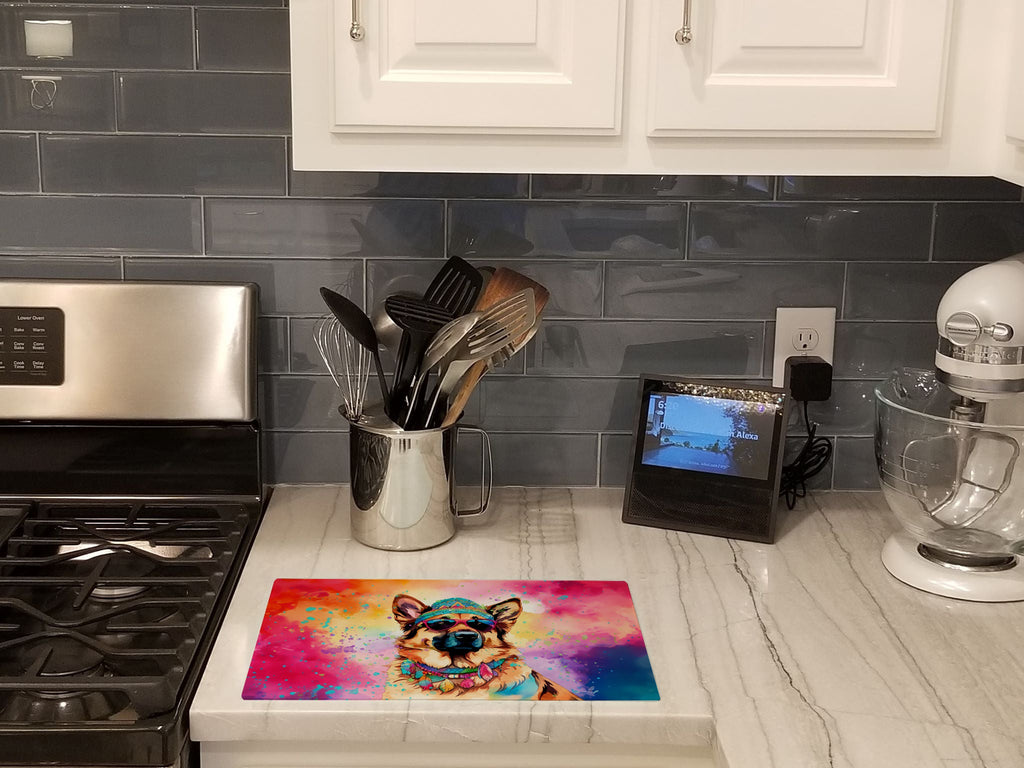 German Shepherd Hippie Dawg Cutting Board Tempered Glass Kitchen Cutting Surface, Heat Resistant Chopping, Non-Slip Feet, Food Prep & Serving