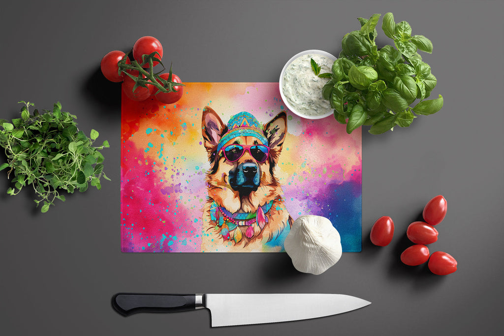 German Shepherd Hippie Dawg Cutting Board Tempered Glass Kitchen Cutting Surface, Heat Resistant Chopping, Non-Slip Feet, Food Prep & Serving