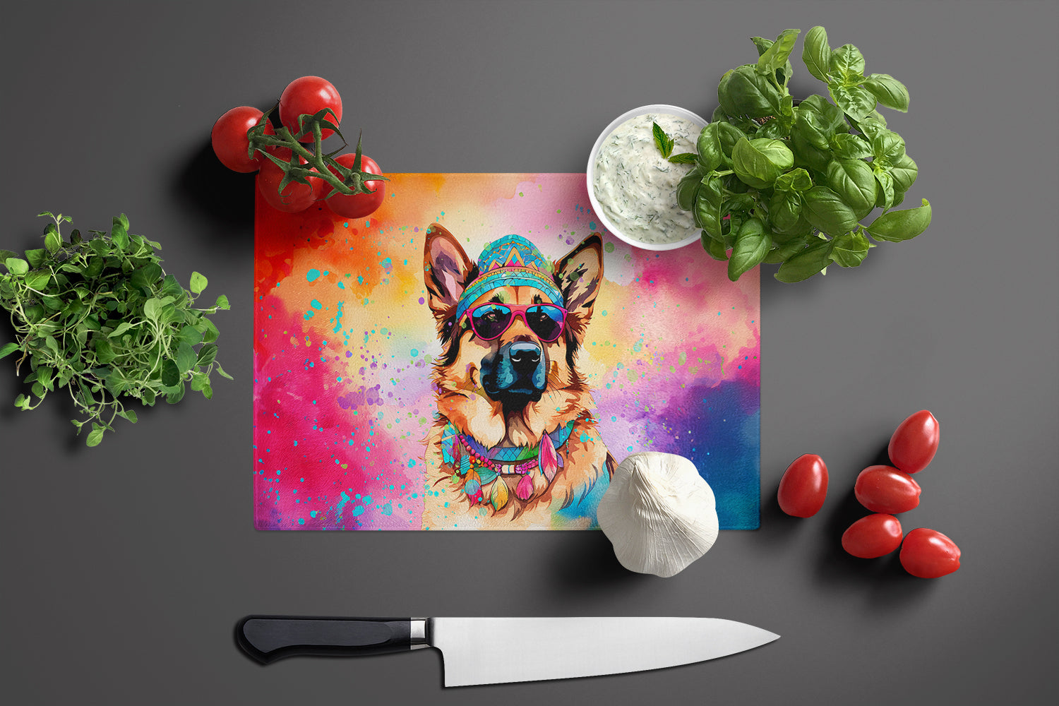 German Shepherd Hippie Dawg Cutting Board Tempered Glass Kitchen Cutting Surface, Heat Resistant Chopping, Non-Slip Feet, Food Prep & Serving
