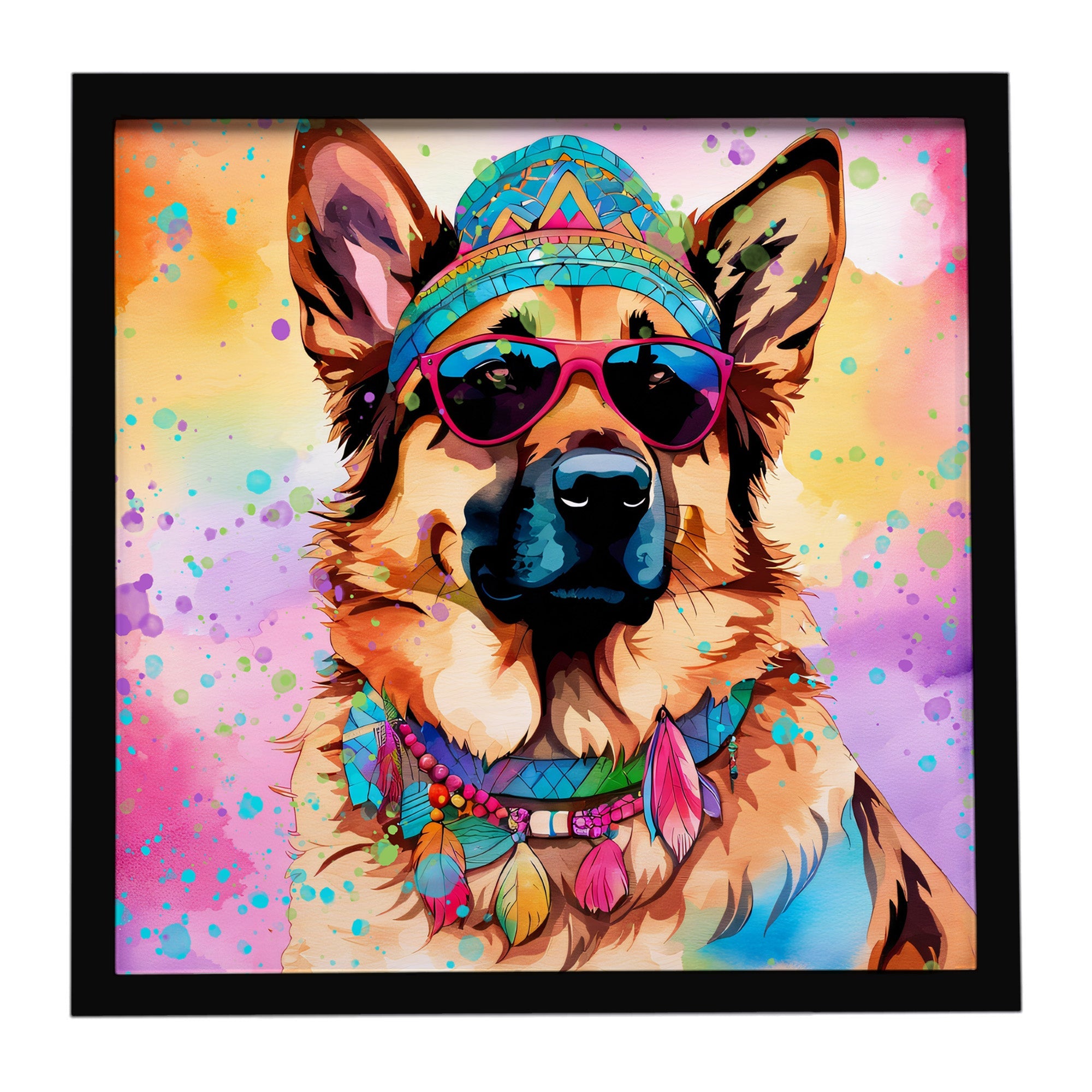 German Shepherd Hippie Dawg Framed Metal Print Bathroom, Kitchen, Office, Home Decor Wall Art Ready to Hang, Square, 8X8