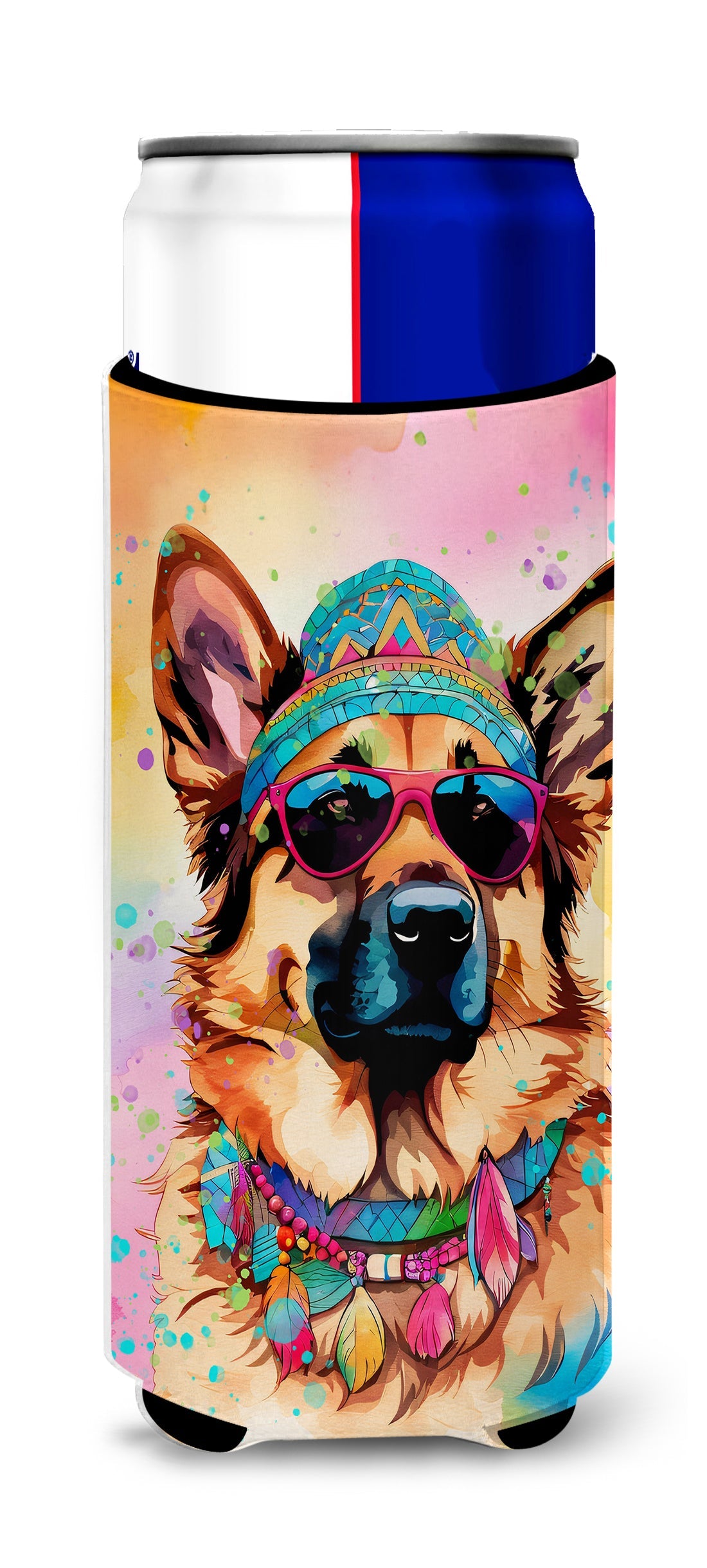 German Shepherd Hippie Dawg Slim Can Hugger , Insulated Foam Hugger for 12 oz Slim Cans, Beer Bottles & Water Bottles, Printed in USA