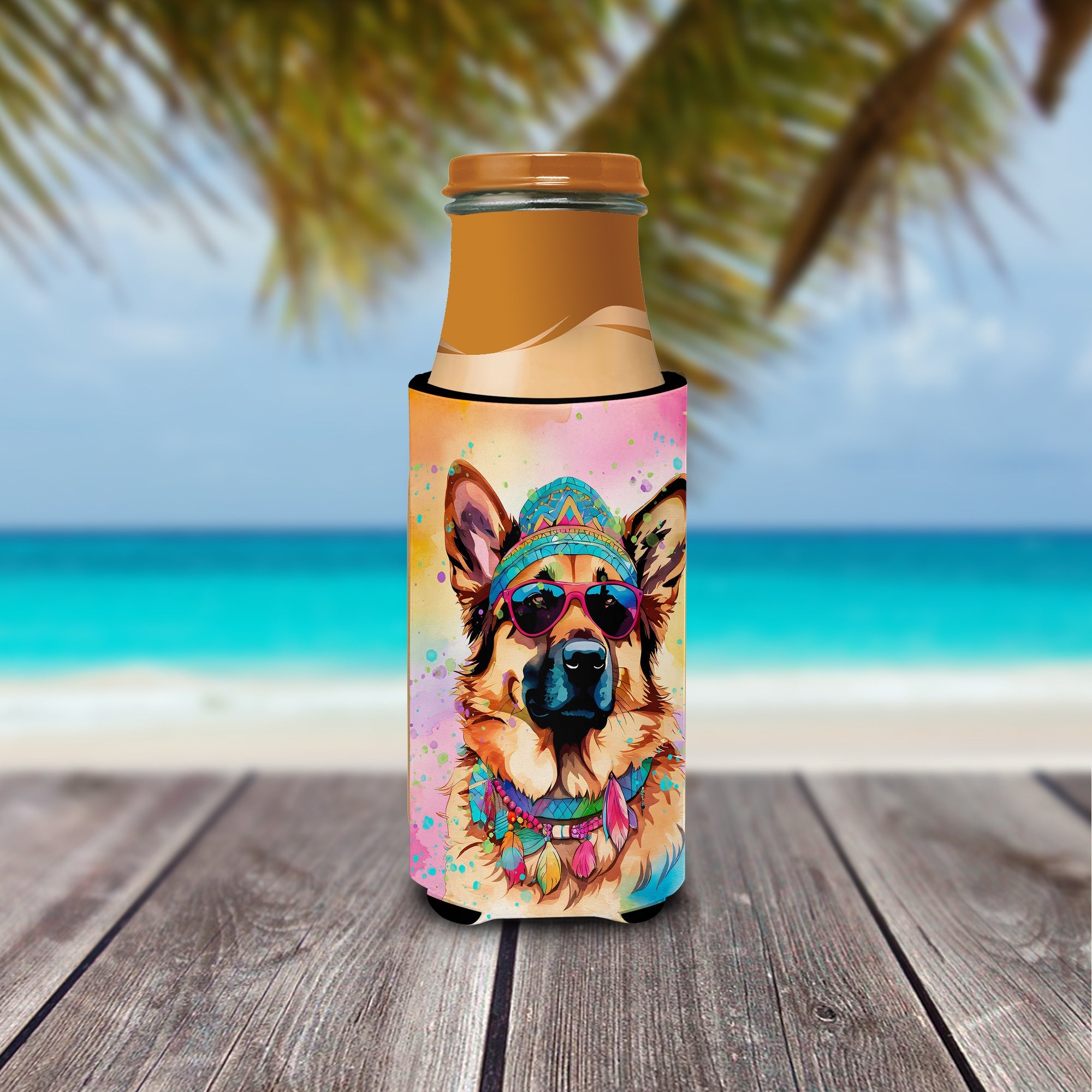 German Shepherd Hippie Dawg Slim Can Hugger , Insulated Foam Hugger for 12 oz Slim Cans, Beer Bottles & Water Bottles, Printed in USA