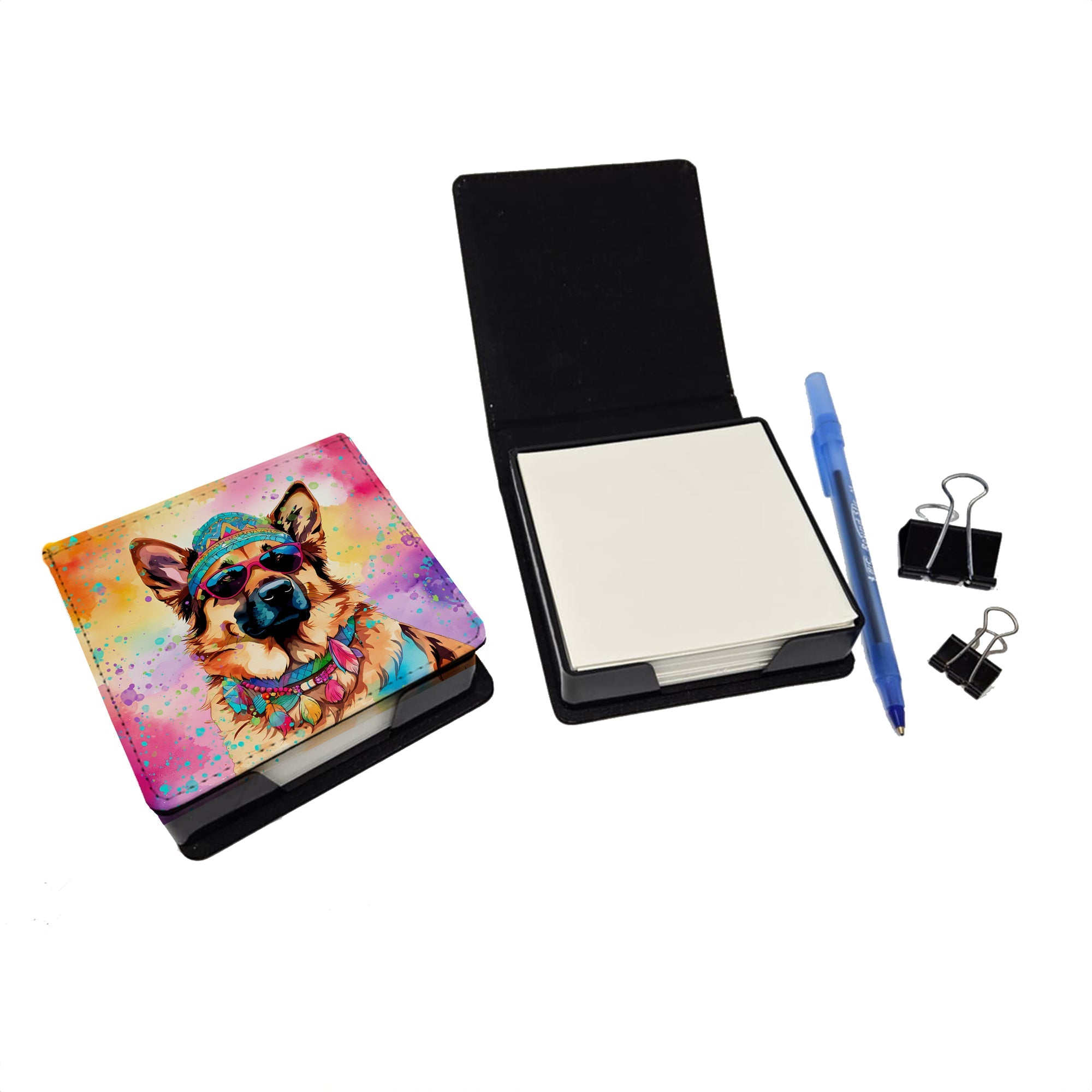 German Shepherd Hippie Dawg PU Leather Note Paper Holder with Artist-Designed Cover, Desk Accessory, Office Gift