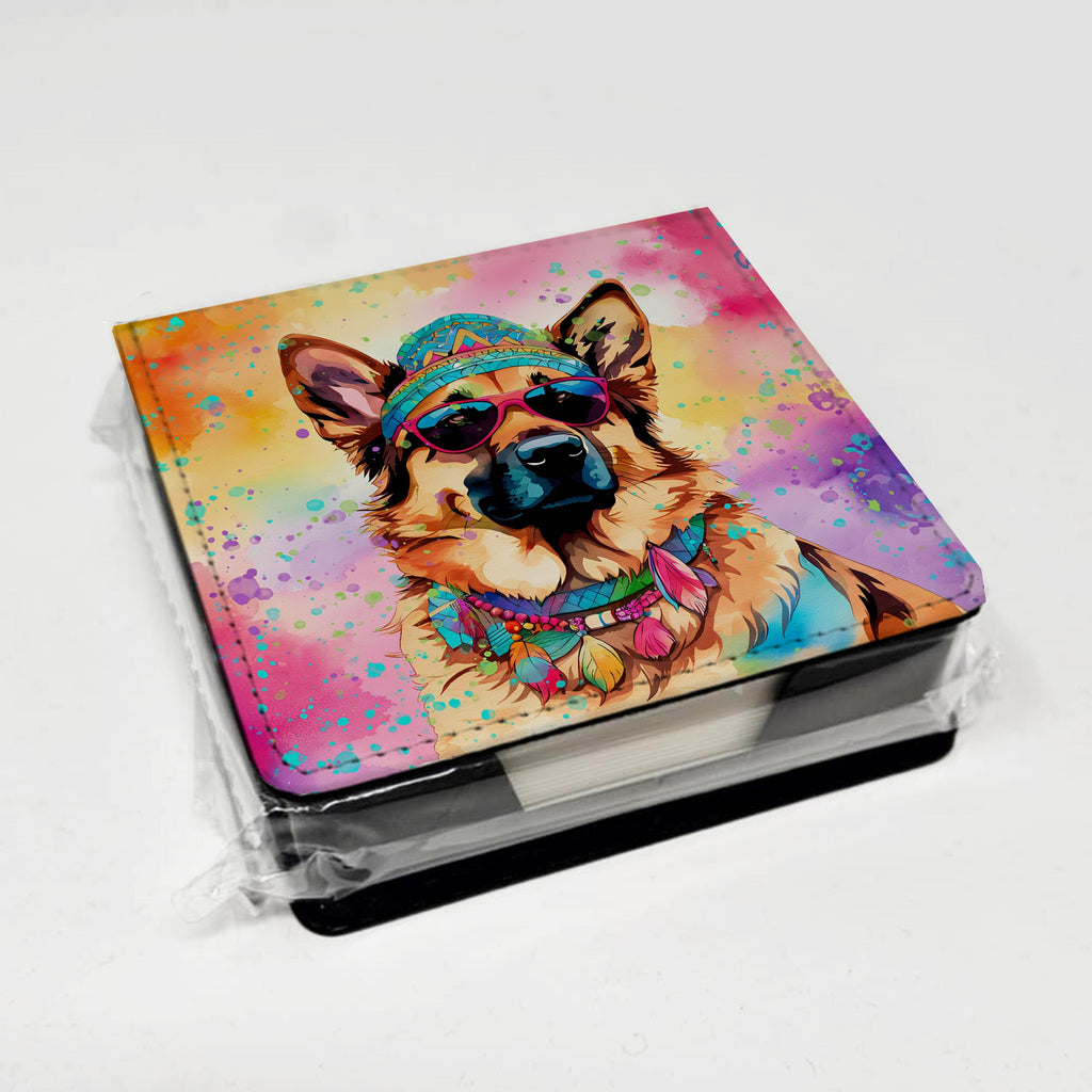 German Shepherd Hippie Dawg PU Leather Note Paper Holder with Artist-Designed Cover, Desk Accessory, Office Gift