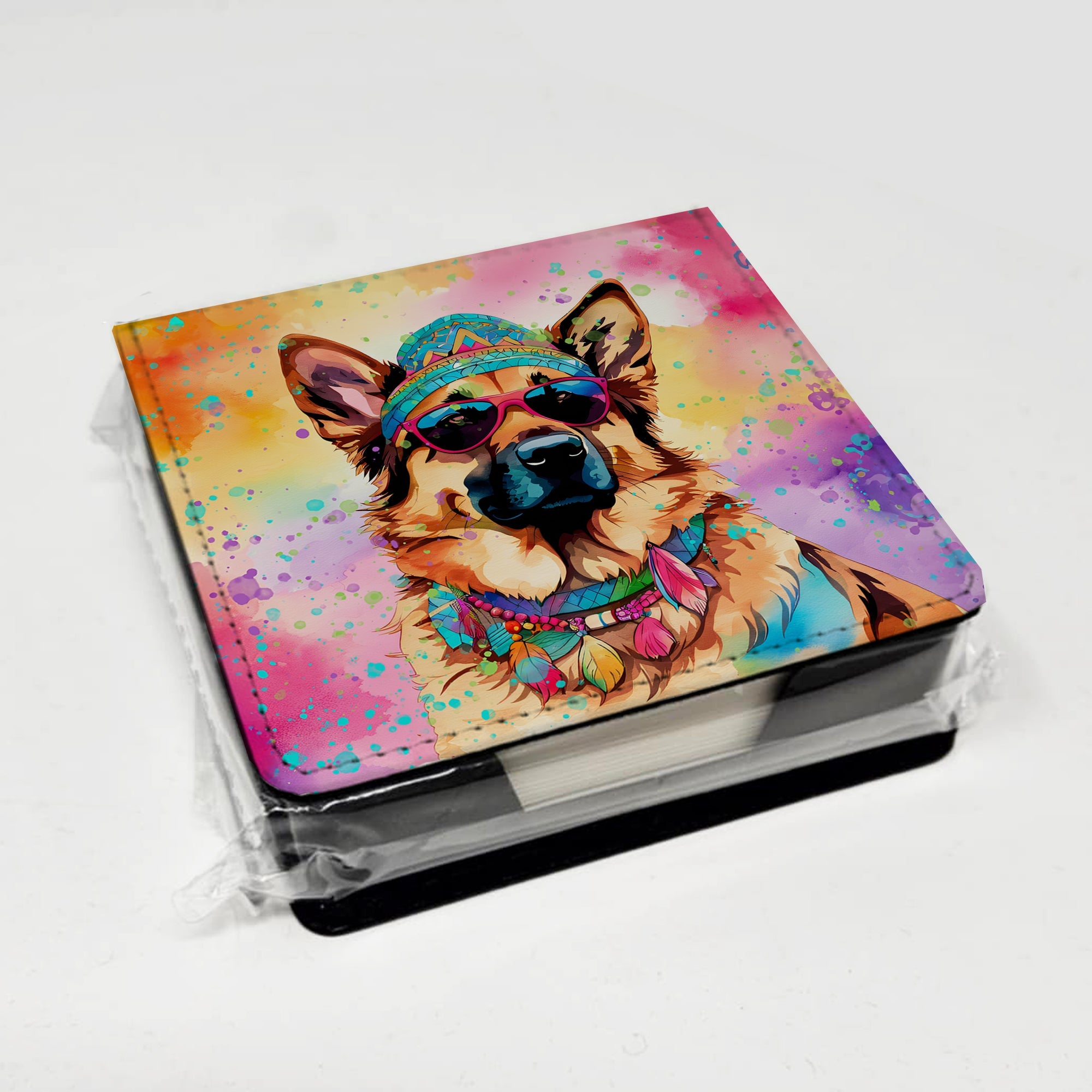 German Shepherd Hippie Dawg PU Leather Note Paper Holder with Artist-Designed Cover, Desk Accessory, Office Gift