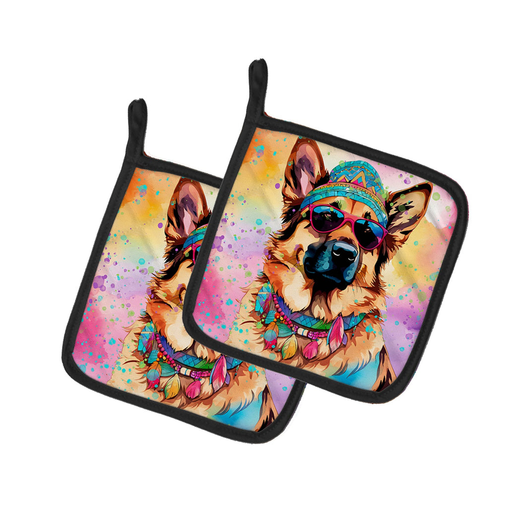 German Shepherd Hippie Dawg Pot Holder Set of 2 Heat Resistant Quilted Hot Pads 7.5 x 7.5 Inch, Insulated Kitchen Trivets for Cooking & Baking
