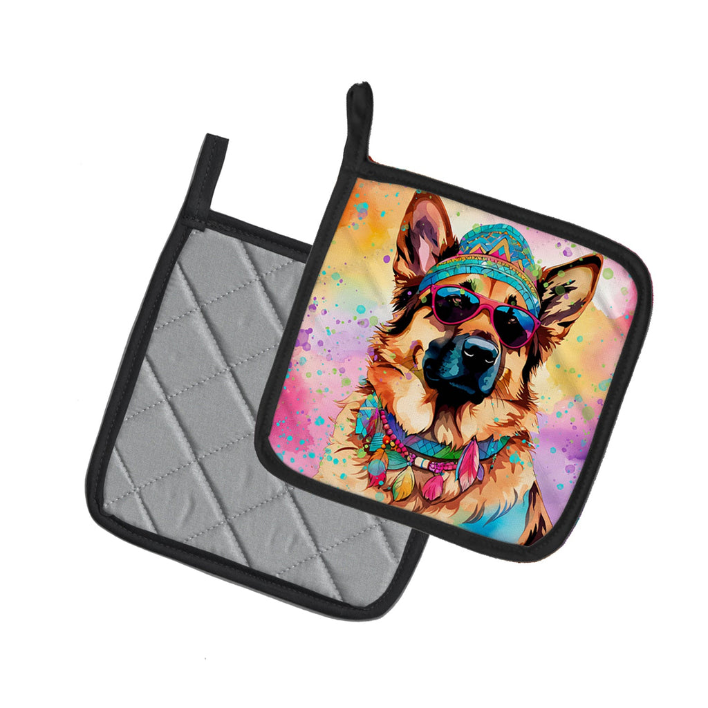 German Shepherd Hippie Dawg Pot Holder Set of 2 Heat Resistant Quilted Hot Pads 7.5 x 7.5 Inch, Insulated Kitchen Trivets for Cooking & Baking