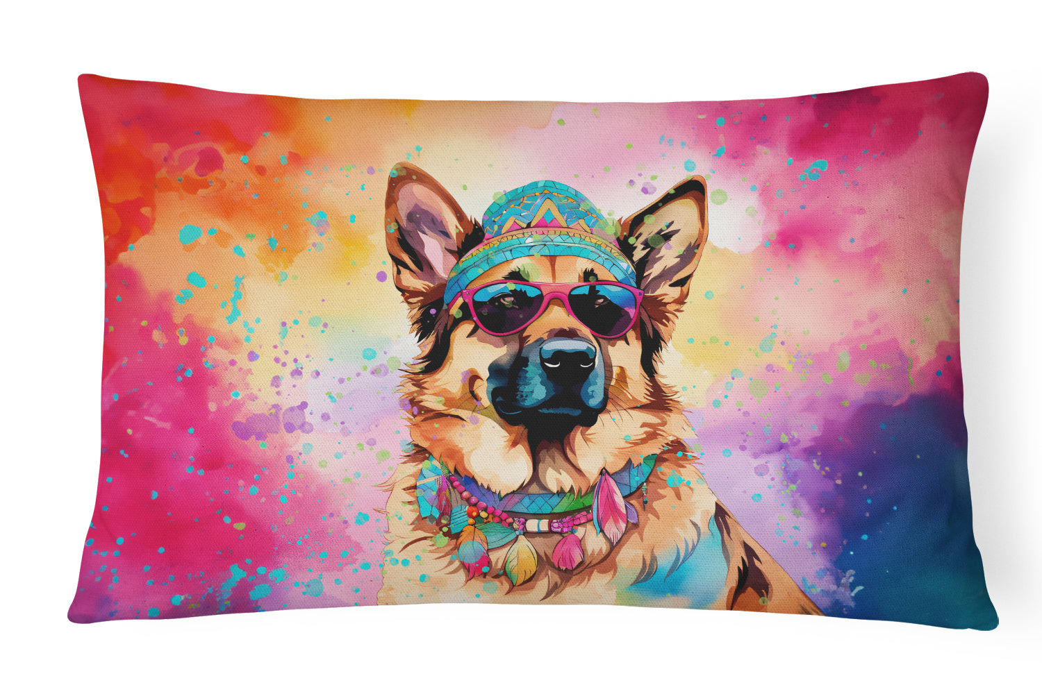 German Shepherd Hippie Dawg Decorative Throw Pillow 12x16 Indoor Outdoor Accent Cushion, Fabric Cover with Insert for Sofa, Bed, Porch & Living Room