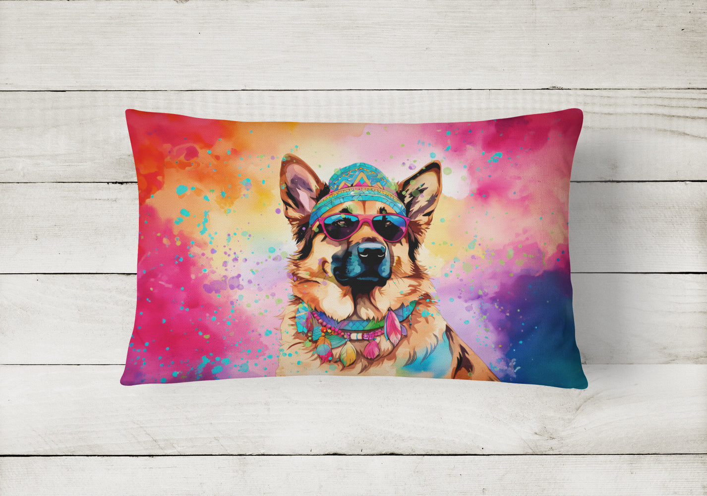 German Shepherd Hippie Dawg Decorative Throw Pillow 12x16 Indoor Outdoor Accent Cushion, Fabric Cover with Insert for Sofa, Bed, Porch & Living Room