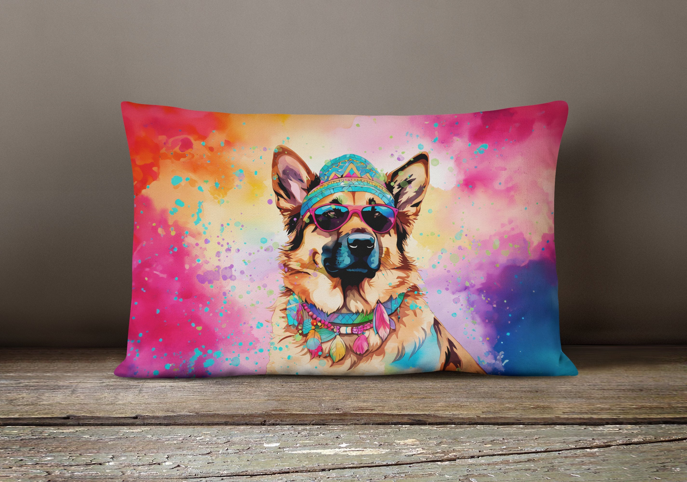 German Shepherd Hippie Dawg Decorative Throw Pillow 12x16 Indoor Outdoor Accent Cushion, Fabric Cover with Insert for Sofa, Bed, Porch & Living Room