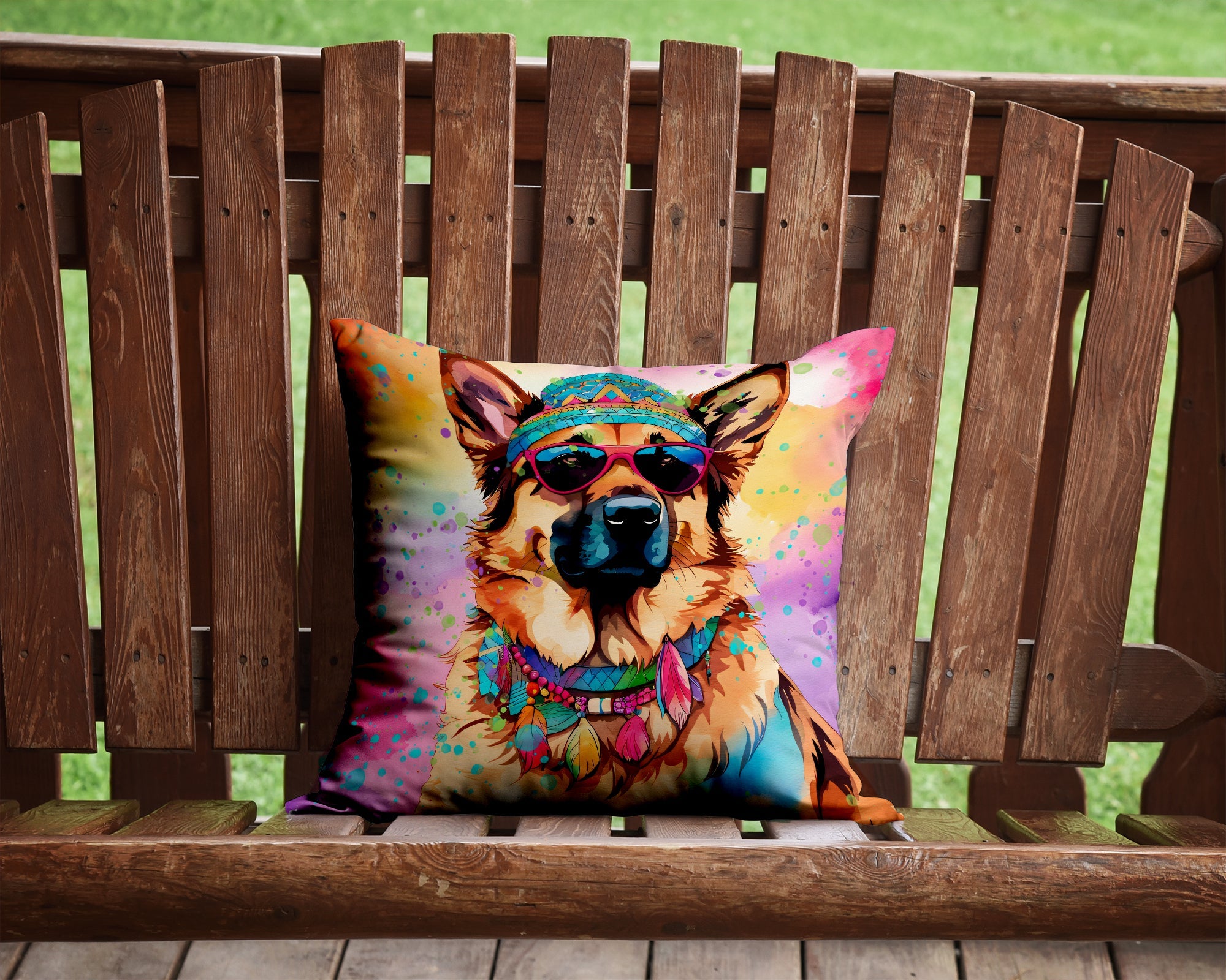 German Shepherd Hippie Dawg Decorative Throw Pillow 14x14 Indoor Outdoor Accent Cushion, Fabric Cover with Insert for Sofa, Bed, Porch & Living Room
