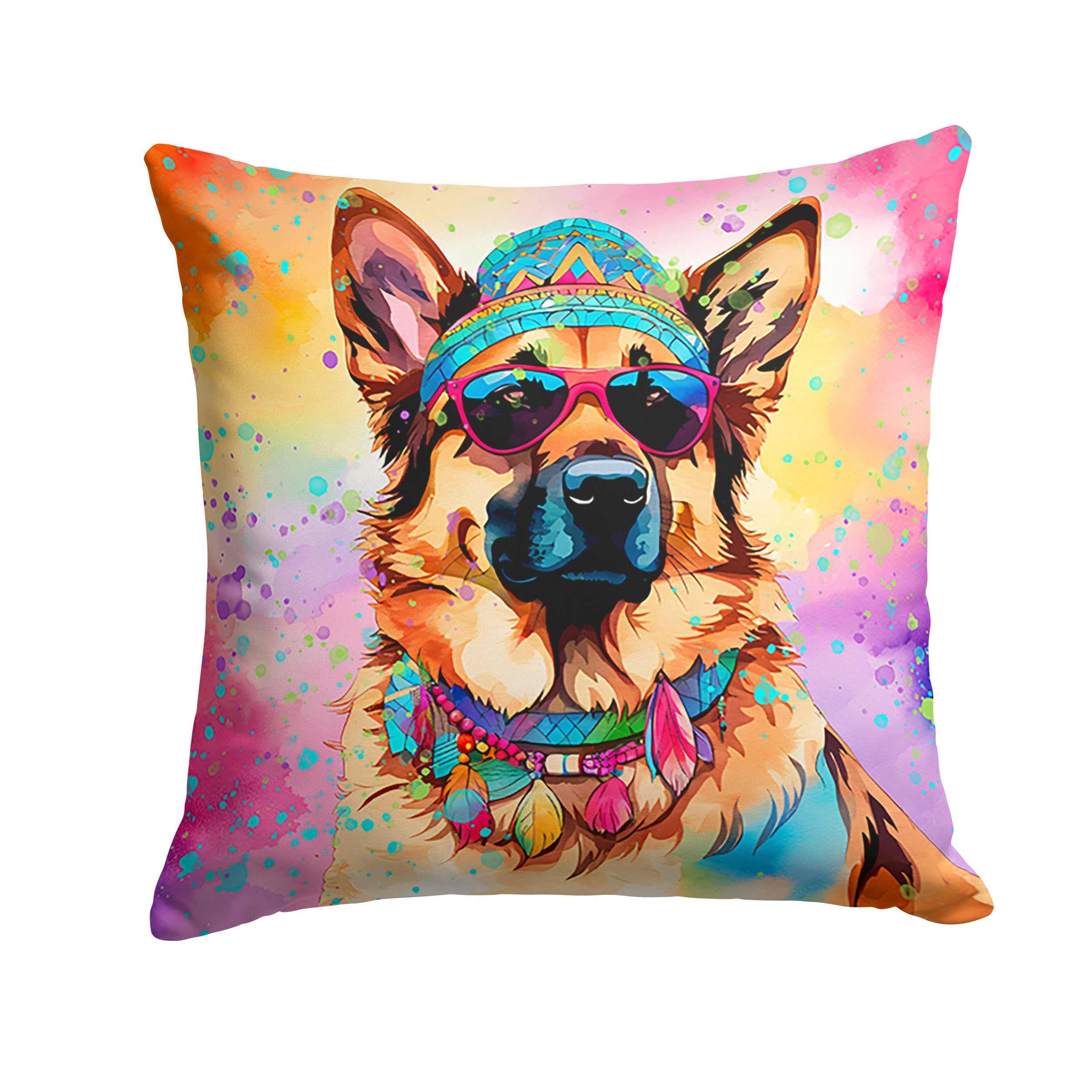 German Shepherd Hippie Dawg Decorative Throw Pillow 18x18 Indoor Outdoor Accent Cushion, Fabric Cover with Insert for Sofa, Bed, Porch & Living Room