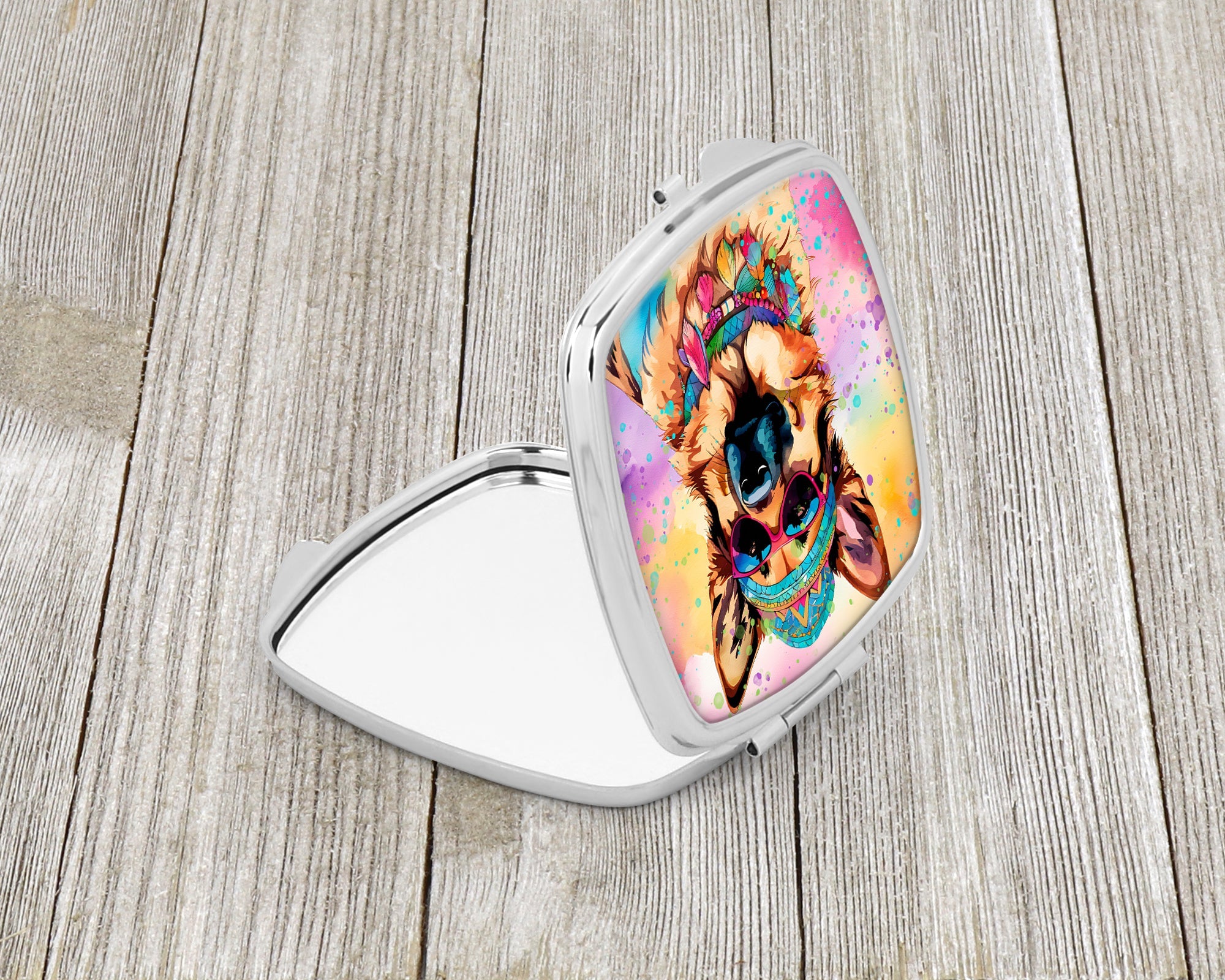 German Shepherd Hippie Dawg Compact Mirror Decorative Travel Makeup Mirror for Women Girls Gifts Pocket Makeup Mirror Folding Handheld