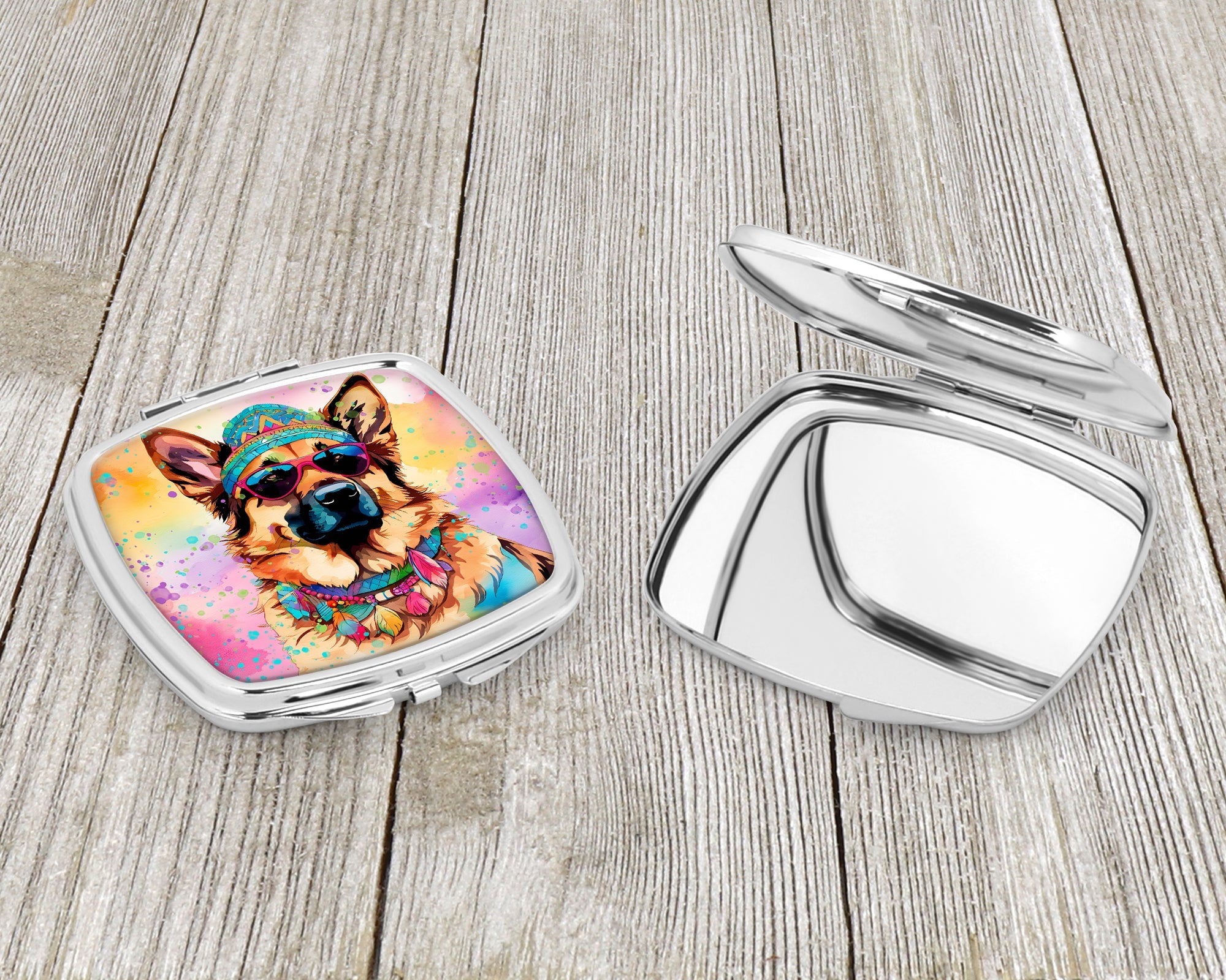 German Shepherd Hippie Dawg Compact Mirror Decorative Travel Makeup Mirror for Women Girls Gifts Pocket Makeup Mirror Folding Handheld