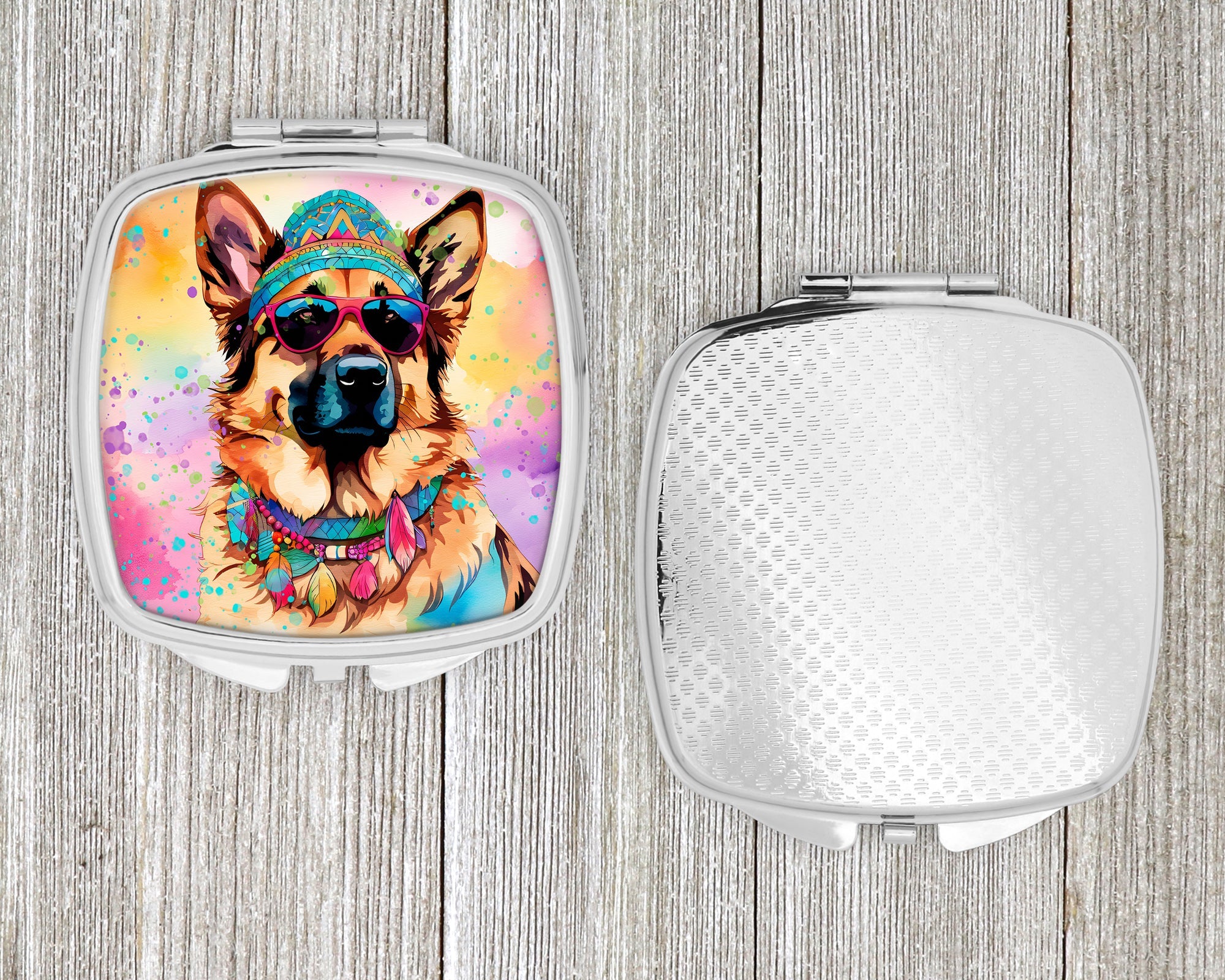 German Shepherd Hippie Dawg Compact Mirror Decorative Travel Makeup Mirror for Women Girls Gifts Pocket Makeup Mirror Folding Handheld