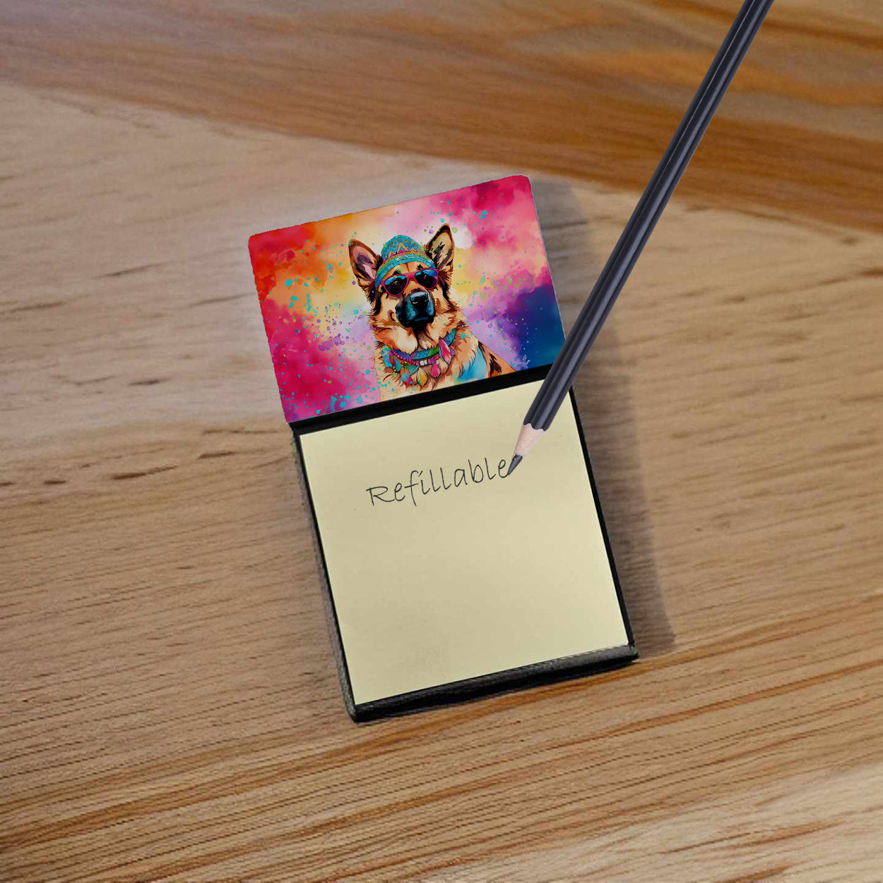 German Shepherd Hippie Dawg Watercolor Sticky Note Holder Refillable Dispenser Desk Accessory 3x3 Pad Gift
